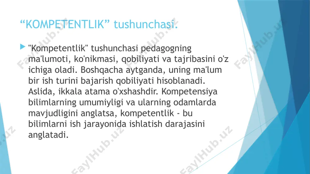 gogika sohasidagi so‘nggi tadqiqotlarni, uslubiy adabiyotlarni o‘rganishga yo‘naltiradi, pedagogik muammolarni hal qilishning turli xil yondashuvlarini aniqlashga yordam beradi 9 xulosa. •bugun tarbiyachining pedagogik kompetensiyalarini doimiy oshirib borishi, bu eng avvalo bola shaxsini hayotga tayyorlash, unda hayotiy muhim masalalarni hal qilish uchun zarur bo‘lgan, ahloqiy me’yor va qadriyatlarni o‘zlashtirish, boshqa insonlar bilan muloqot qilish, “men” obrazini qurish bilan bog‘liq bo‘lgan faoliyat usullarini shakllantirishda asosiy omildir. maktabgacha ta’lim tizimini isloh qilishning zamonaviy sharoitida tarbiyachining maqomi tubdan o‘zgarib bormoqda, uning ta’lim funksiyalari, shunga muvofiq, uning kasbiy va pedagogik kompetensiyasiga, uning kasbiy mahorat darajasi talablari o‘zgaradi. bugungi kunda maktabgacha yoshdagi bolani tarbiyalash va rivojlantirishning zamonaviy tizimida o‘zining shaxsiy salohiyatini safarbar qilish qobiliyatlarini rivojlantirishga qodir bo‘lgan ijodkor, mahoratli tarbiyachi talab etiladi. e’tiboringiz uchun rahmat image1.jpg image2.jpg image3.jpg image4.jpg