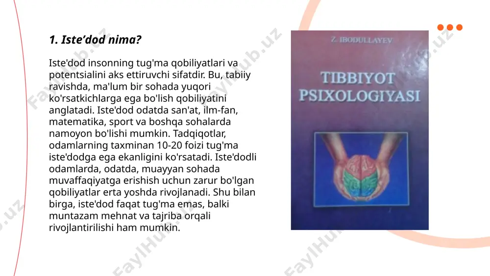turlari dunyo bo'ylab turli mamlakatlarda yuzlab maktablar tomonidan amalga oshiriladi, aqshda 3 milliondan ortiq bolalar ularga qabul qilingan. shu bilan birga, ijodkorlik testi renzulli modeli asosida baholanadi, unda uchta omil: yuqori aqliy qobiliyat, ijodkorlik va maqsadga erishuvchanlik bilan ishlanadi. ... t.me/slaydai_bot 7. oila muhiti va isteʼdod oila muhiti va isteʼdod o‘rtasidagi bog‘liqlikni o‘rgangan tadqiqotlar, oilaviy muhit bolalarning iste’dodlarini rivojlantirishda muhim rol o‘ynashini ko‘rsatadi. tadqiqotlarda ta’kidlanishicha, bolalarning 70% gacha iste’dodi ijobiy oilaviy muhit tufayli optimal shakllanadi. oilaviy qo‘llab-quvvatlash va rag'batlantirish orqali bolalarning o‘ziga bo‘lgan ishonchi va qiziqishlari ortadi. statistik ma'lumotlarga ko‘ra, ijodiy va intellektual muhitga ega oilalarda o‘sayotgan bolalarning 80% ga yaqini akademik va ijodiy sohalarda yuqori natijalarga erishadi. shuningdek, tadqiqotlar bolalarning 60% dan ortig‘i, bu muhitda eng yuqori iste’dodlarini namoyon etishlarini tasdiqlaydi. shu bois, oila muhiti iste’dodlarni rivojlantirishda asosiy omillardan biri hisoblanadi. ... t.me/slaydai_bot ta'lim tizimi va iste'dodlarni rivojlantirish bo'yicha o'zbekistonda muhim qadamlar qo'yilmoqda. 2022-yilda oliy majlisning qaroriga ko'ra, ta'limni …