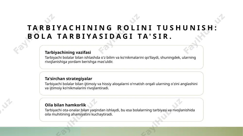 lgan qiziqishini oshirishda muhim rol o'ynaydi. oila muhitida ijtimoiy pedagogik faoliyatning o'ziga xosligi. oila muhitining ahamiyati oila muhitida bola rivojlanishi uchun qulay sharoitlar yaratiladi. ota-onalar va tarbiyachilar birgalikda bolalarning hissiy va ijtimoiy rivojlanishini ta'minlaydi. ta'lim jarayonidagi rol ijtimoiy pedagogik faoliyat oila ichida ta'lim jarayonlarini qo'llab-quvvatlaydi. ota-onalar bolalarining o'qishiga yordam berish orqali ularning bilim va ko'nikmalarini oshiradi. an'analar va qadriyatlar oila muhitida ijtimoiy pedagogik faoliyat, an'anaviy qadriyatlarni rivojlantirishga xizmat qiladi. bu bolalarga o'z madaniyatini tushunish va hurmat qilishni o'rgatadi. jamiyat va oila o'rtasidagi hamkorlik: bola rivojlanishiga ta'siri. oila va jamiyat hamkorligi oila va jamiyat o'rtasidagi hamkorlik, bolalarning ijtimoiy ko'nikmalarini rivojlantirishda muhim ahamiyatga ega. ushbu hamkorlik, tarbiyachilar va ota-onalar o'rtasidagi aloqalarni mustahkamlashga yordam beradi. ta'lim va rivojlanish jamiyat va oila, bolalarga ta'lim berishda birgalikda ishlash orqali, ularning intellektual va hissiy rivojlanishini qo'llab-quvvatlaydi. bu, bolalarning samarali o'qishiga yordam beradi. madaniyat va an'analar oila va jamiyatning birgalikdagi faoliyati, bolalarga madaniyat va an'analarni o'rgatishda muhim …
