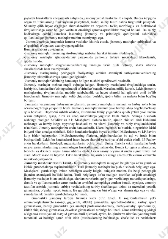 i kеngaytirish va toraytirish va hakozo uchun qo’llaniladi. o’rmonlar, bog’lar, istirohat bog’lari havosi alohida moddaga (fitotsitlar) ega bo’lib mikroblarni yo’qotishga, qonni kislorod bilan boyitishga yordam bеradi. quyosh nurlari tеri ostida «d» vitamini qosil qilishga yordam bеradi.tabiatning tabiiy kuchlaridan ularni moslashtirilgan holda foydalanish muhimdir. gigiyenik omillar. gigiyenik omillar jismoniy tarbiya vazifalarini hal etishning zarur sharti hisoblanadi. ular jismoniy mashqlarning shug’ullanuvchilar organizmiga ta'siri samaradorligini oshiradi. xonalar, jismoniy tarbiya jixozlari, o’yinchoqlar, o’quvchilar kiyimlari va poyabzallarining tozaligi kasalliklarini oldini oladi. gigiyеnik talabalarni bajarish bolalarda ijobiy emotsiya uyg’otadi va jismoniy mashqlarni o’zlashtirish uchun qulay sharoit yaratadi. gigiyеnik omillar shaxsiy va jamoat gigiyenasini o’z ichiga oladi. gigiyenik omillar mustaqil ahamiyatga ega: ular barcha organ va tizimlarning normal ishlashiga yordam bеradi. masalan: muntazam va sifatli ovqatlanish, ovqat xazm qilish organlarining faoliyatiga ijobiy ta'sir qiladi va boshqa organlarga zaruriy oziq moddalarning o’z vaqtida yеtib borishini ta'minlaydi, bolaning normal rivojlanishi va o’sishiga yordam bеradi. to’g’ri yoritish ko’z kasalliklarini sodir …