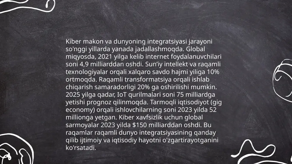 diniy ma'lumotlar, kitoblar, ma'ruzalar va videolar yuklanadi va ulardan foydalanish imkoni mavjud. bugungi kunda, o'zbekistonda internet foydalanuvchilari soni 2023 yilga kelib 26 milliondan oshdi, ulardan ko'pchilik diniy kontentga kirish imkoniga ega. diniy mafkuralar tarqalishida ijtimoiy tarmoqlar, forumlar va video platformalar muhim rol o'ynaydi. biroq, noto'g'ri ma'lumotlarning tarqalishi xavfi ham mavjud bo'lib, diniy masalalarda ehtiyotkorlik talab etiladi. ... t.me/slaydai_bot 12-mavzu: dinlararo dialog va raqamli platformalar dinlararo dialog — turli din vakillarini muloqotga chorlab, tinchlik va tushunchani mustahkamlashga xizmat qiladi. raqamli platformalar, masalan, ijtimoiy tarmoqlar va onlayn-forumlar bu jarayonni global miqyosda yengillashtiradi. 2020-yilda dunyo aholisining qariyb 60 foizi internetdan foydalangani sababli, bu platformalar turli dinlar vakillari oʻrtasida muhokamalar va madaniy almashinuvlar uchun imkoniyat yaratadi. shuningdek, 40 foizdan ortiq yoshlar raqamli platformalardan faol foydalanadi, bu esa kelajak avlodlar uchun dinlararo tushunishni mustahkamlashda muhim o‘rin tutadi. shu bilan birga, sun'iy intellekt va tarjima texnologiyalari turli til vakillari o‘rtasidagi muloqotni osonlashtiradi. ... t.me/slaydai_bot 13. zamonaviy …