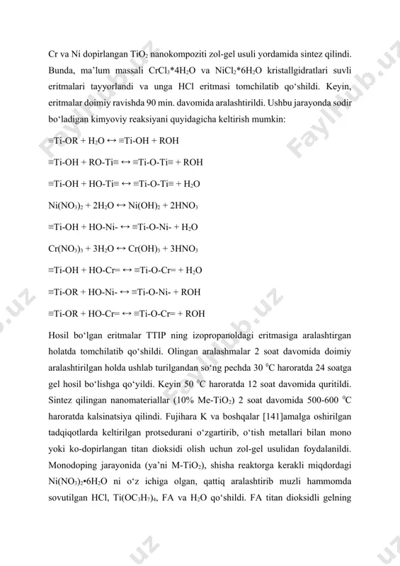 cr(no3)3 + 3h2o cr(oh)3 + 3hno3 ≡ti-oh + ho-cr= ≡ti-o-cr= + h2o ≡ti-or + ho-ni- ≡ti-o-ni- + roh ≡ti-or + ho-cr= ≡ti-o-cr= + roh hosil bo‘lgan eritmalar ttip ning izopropanoldagi eritmasiga aralashtirgan holatda tomchilatib qo‘shildi. olingan aralashmalar 2 soat davomida doimiy aralashtirilgan holda ushlab turilgandan so‘ng pechda 30 0c haroratda 24 soatga gel hosil bo‘lishga qo‘yildi. keyin 50 0c haroratda 12 soat davomida quritildi. sintez qilingan nanomateriallar (10% me-tio2) 2 soat davomida 500-600 0c haroratda kalsinatsiya qilindi. fujihara k va boshqalar [141]amalga oshirilgan tadqiqotlarda keltirilgan protsedurani o‘zgartirib, o‘tish metallari bilan mono yoki ko-dopirlangan titan dioksidi olish uchun zol-gel usulidan foydalanildi. monodoping jarayonida (ya’ni m-tio2), shisha reaktorga kerakli miqdordagi ni(no3)2•6h2o ni o‘z ichiga olgan, qattiq aralashtirib muzli hammomda sovutilgan hcl, ti(oc3h7)4, fa va h2o qo‘shildi. fa titan dioksidli gelning tezda hosil bo‘lmasligi uchun ishlatildi. oddiy boshlang‘ich tarkibi ti(oc3h7)4: hcl: fa: h2o: ni(no3)2•6h2o = 1 : 0.5 : 0.5 : 0.12, 10% …