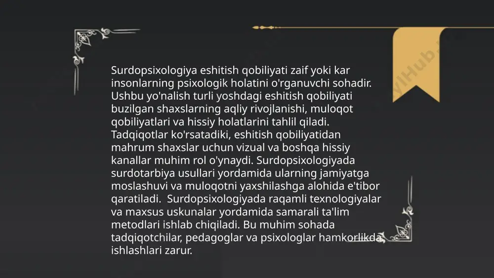ab chiqiladi. o'qituvchilar va psixologlarga yordam berish maqsadida ilmiy tadqiqotlar amalga oshiriladi va maxsus dasturlar yaratiladi. defektologiyaning asosiy yoʻnalishlari va sohalari shokirova shohista e'tiboringiz uchun raxmat! image1.png image2.png image3.png image4.jpg image5.jpg image6.png image7.jpg /docprops/thumbnail.jpeg