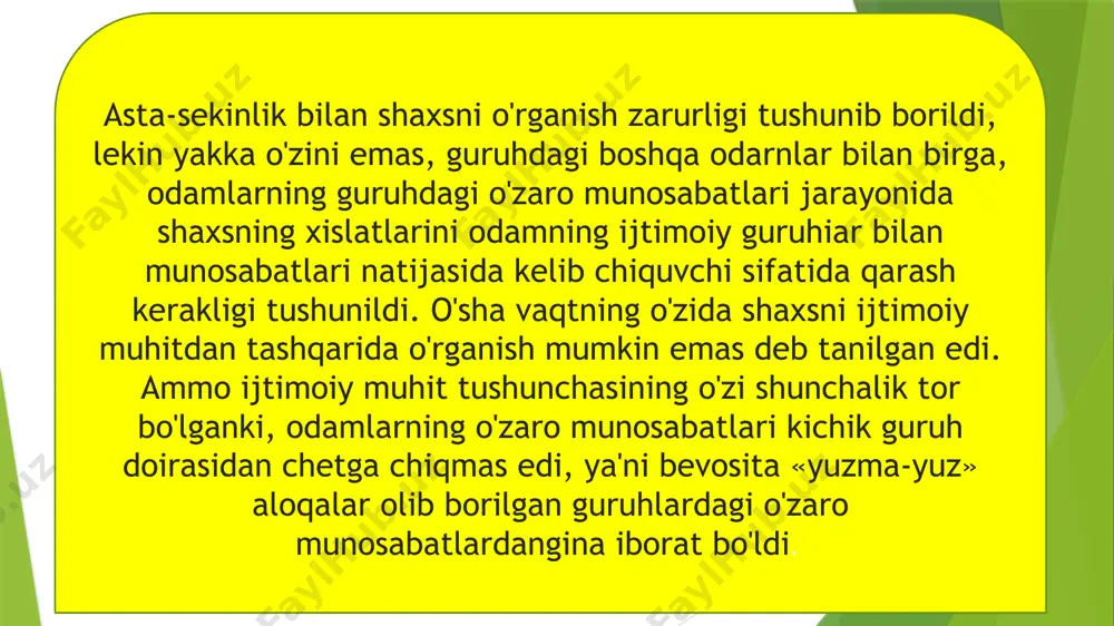 iy va amaliy yo'nalishlarda ancha muvaffaqiyat bilan rivojlanib kelmoqda. metodik mazmunda fanning tarixiga nazar solib chiqish maqsadga muvofiq bo'ladi, bu talablarning o'quv faoliyatiga yaxshi ta'sir ko'rsatadi va fanni o'rganishga yordam beradi. mustaqil ishlash uchun talabalarga quyidagi o'quv topshiriqlarni taklif etish mumkin, ularni seminar va amaliy mashg'ulotlarida muhokama qiiish mumkin bo'ladi. buning uchun ularni davra suhbati, amaliy o'yinlar, ijtimoiy psixologik treninglar ssenariylari va rejalariga kiritish kerak. savol va masalalardan ba'zilarini balki ma'ruzalarda o'qituvchi dastlab tushuntirib o'tishi talab etiladi bu masala ijtimoiy psixologiyaning predmeti haqidagi birinchi topshiriqqa taalluqli. 1. adabiyotlarda «ijtimoiy-psixologiya» tushunchasiga turlicha ta'riflar beriladi va ijtimoiy psixologiya fani predmetini tashkil etuvchi muammolar tartibi beriladi. ular turti mualliflar tomonidan bildirilgan bo'lib, bir-biridan farq qiladi. ulami diqqat bilan o'qib chiqing va bu nuqtayi nazarlardan birini tanlashga harakat qiling. agarda bu nuqtayi nazariardan hech biri to'g'ri bo'lib chiqmasa, o'zingiz shaxsiy nuqtayi nazaringizni ifoda etishga harakat qilib ko'ring. ijtimoiy psixologiyaning turlicha qarashlari mana shulardir: bu …