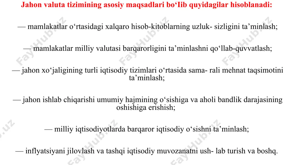 iya- 1875-yildan, fransiya — 1878-yildan); — oltinga umumiy to‘lov vositasi sifatida jahon puli funksiyasi berildi; — markaziy banklar tomonidan emissiya qilingan muomaladagi banknotalar oltinga erkin almashtirilgan. almashinuv oltin paritetlari asosida amalga oshirilgan; — valutalar kursi moneta paritetidan «oltin nuqtalari» chega- rasida og‘ishi mumkin edi (±1% amalda qat’iy belgilangan valuta kurslari bo‘lgan); — oltindan tashqari xalqaro aylanmada angliya funt sterlingi tan olingan; — milliy oltin zaxiralari va ichki pul taklifi o‘rtasidagi o‘zaro nisbat ushlab turilgan; — to‘lov balanslari taqchilligi oltin bilan qoplangan. oltin andozasining joriy etilishi bar bir ishtirokchi davlatdan o‘z valutasini oltinga qat’iy belgilangan kurs bo‘yicha konvertatsiya qilishni talab etardi. oltin tarkibini hisoblash yordainida aniqlangan valuta ayirboshlash kursi har bir valuta uchun oltin paritetini belgilaydi. parij valuta tizimi amal qilgan sharoitda oltin ichki bozorlarda tanga ko‘rinishida muomalada bo‘lgan, bundan tashqari tijorat banklarining zaxiralari shaklida ham xizmat qilgan. ollin andozasining afzalliklari sifatida quyidagilarni ko'rsatish mum kin: — valuta kurslari keskin tebranishining …