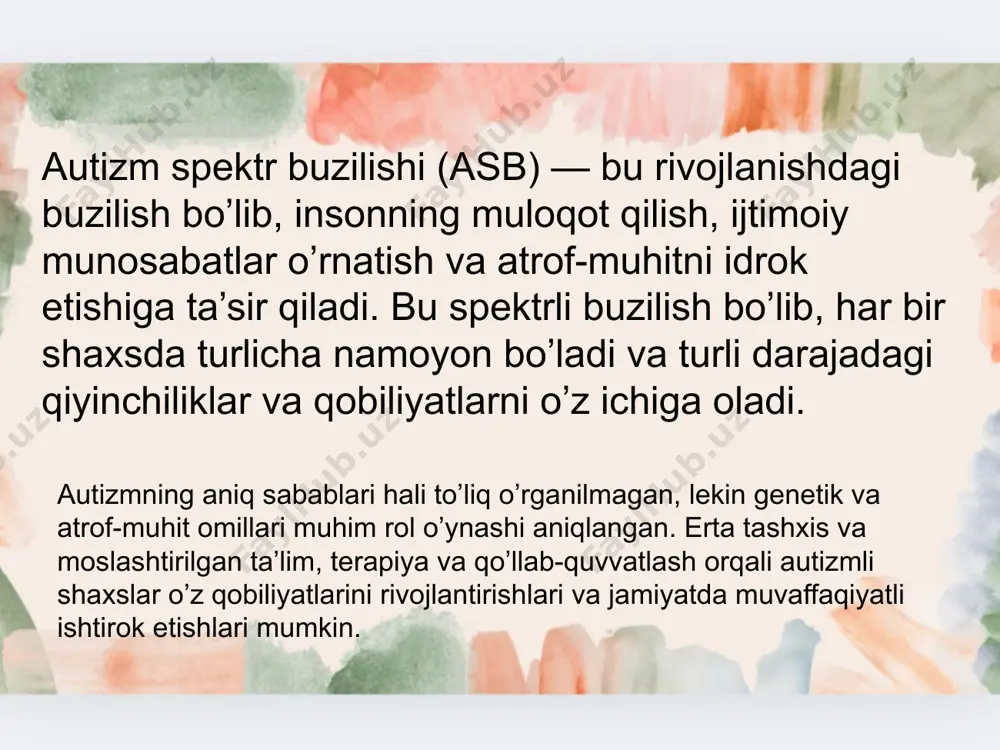 avjud, ammo bu rasman tasdiqlanmagan: 1. albert eynshteyn • eynshteyn bolaligida gapirishda kech qolgan va ijtimoiy muloqotda qiyinchiliklarga duch kelgan, bu esa asperger sindromi yoki autizm spektriga tegishli bo‘lishi mumkinligi haqida taxminlarni keltirib chiqargan. 2. nikola tesla • tesla o‘zining ekstremal diqqat markazi va qat’iy odatlari bilan mashhur bo‘lib, ba’zi odamlar uning xulq-atvorini autizm spektriga bog‘lashgan. image1.png image2.png image3.png image4.png image5.png image6.png
