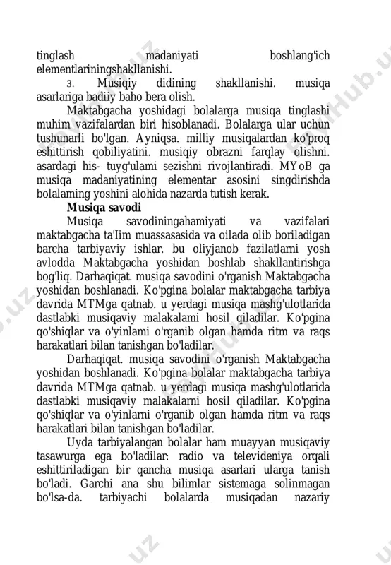 iqa mashg'ulotlarida dastlabki musiqaviy malakalarni hosil qiladilar. ko'pgina qo'shiqlar va o'yinlarni o'rganib olgan hamda ritm va raqs harakatlari bilan tanishgan bo'ladilar. uyda tarbiyalangan bolalar ham muayyan musiqaviy tasawurga ega bo'ladilar: radio va televideniya orqali eshittiriladigan bir qancha musiqa asarlari ularga tanish bo'ladi. garchi ana shu bilimlar sistemaga solinmagan bo'lsa-da. tarbiyachi bolalarda musiqadan nazariy tushunchalar hosil qilishda o'sha bilimlarga ma'lum darajada suyanib ish ko'rishi mumkin. bolalar muassasalarida musiqa ta'limiga asos solinadi. shuning uchun tarbiyachi musiqa o'qitish metodikasini yaxshi bilishi. maktabgacha yoshdagi kichik bolalarning yosh va ivdividual xususi- yatlarini. ularning musiqa va qo'shiqchilik imkoniyatlarini chuqur bilishi zarur. musiqa ta’limini shartli ravishda ikki bosqichga bo'lish mumkin. birinchisi. tayyorlov bosqichi. bundan ko'zlanadigan asosiy maqsad. bolalarning musiqa uquvini o'stirishdir. shu vaqt mobaynida bolalar musiqa tovushlarining baland-pastligi va cho'zimi kabi o'ziga xos xusussiyatlarni ajrata bilishga o'rganishlari va nota yozuvini o'rganishga tayyorlanishlari kerak. ikkinchi bosqichda nota savodi. ya’ni bevosita musiqa tovushlarining grafik usulda ifodalanishi - nota yozuvini …