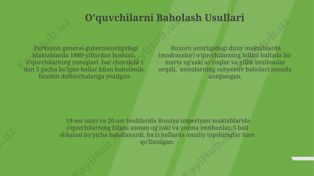 5 kishilik guruhlarda birgalikda loyihalar ustida ishlashgan, bu esa ularning muloqot va hamkorlik ko‘nikmalarini rivojlantirishga yordam bergan. toshkentdagi rus-tuzem maktablarida 1890-yillarda "jamoaviy ish va hamkorlik" tamoyillari teatrlashtirilgan spektakllar va dramalarni sahnalashtirish orqali amalga oshirilgan, bu jarayonda 15 ga yaqin o‘quvchi sahna ko‘rinishlarini tayyorlashda birgalikda ishtirok etgan. zamonaviy ta'limga ta'siri o'tmishdagi maktablarda qo'llanilgan og'zaki hikoya qilish va yodlash usullari zamonaviy ta'limda, masalan, 21-asr ko'nikmalarini rivojlantirishda, innovatsion pedagogik yondashuvlar bilan birga qo'llanilmoqda, xususan, o'zbekistonning qishloq maktablarida. an'anaviy baholash usullari, masalan, imtihonlar va testlar, 5 ball shkalasi bilan baholash zamonaviy ta'limda kompyuterlashtirilgan baholash tizimlari va portfel baholash bilan birga qo'llanilib, tokio kabi yirik shaharlardagi maktablarda ham qo'llanilmoqda. 19-asrda keng tarqalgan darsliklar va qo'llanmalar zamonaviy o'quv materiallarini yaratishda, masalan, interaktiv o'yinlar va onlayn platformalarni ishlab chiqishda, butunjahon tarmog'i vositalaridan foydalanib, jahon tajribasini o'rganishda ilhom manbai bo'ladi. dars jarayonini tashkil etish 20-asr boshlarida, toshkentdagi o‘rta maktablarda dars jarayonini tashkil etishda 5 kundalik ta’lim tizimi qo‘llanilgan …