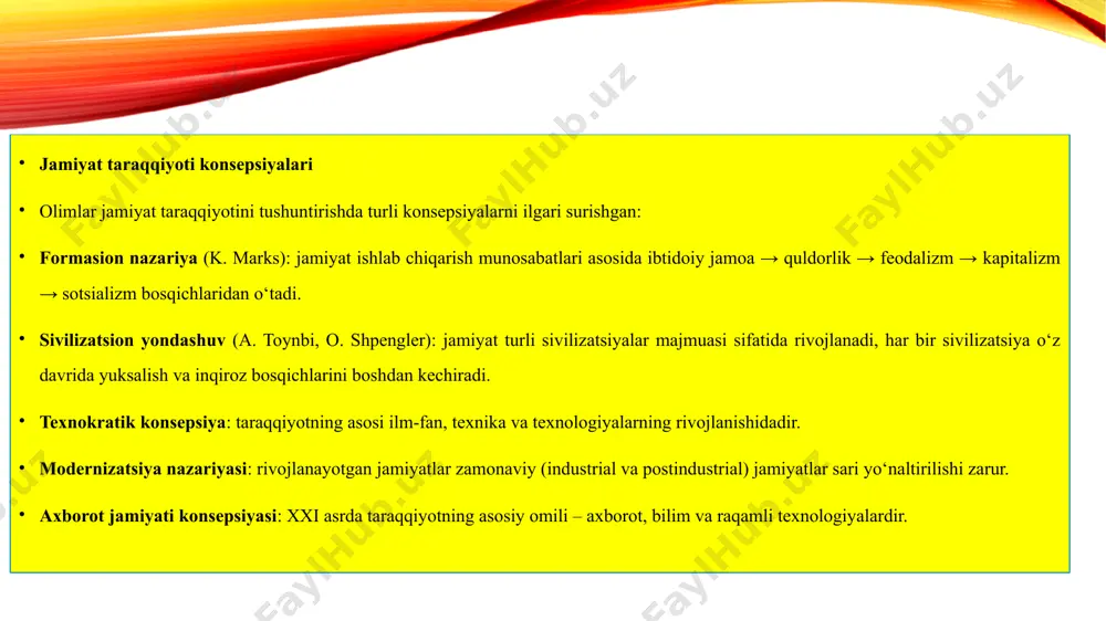 etiladi. alvin toffler, d. bell kabi nazariyotchilar industrial → postindustrial → axborot jamiyat bosqichlarini ko‘rsatgan. modernizatsiya nazariyasi an’anaviy jamiyatdan zamonaviy industrial jamiyat sari o‘tish jarayoniga urg‘u beradi. demokratik institutlar, erkin bozor iqtisodiyoti va ilmiy-texnik taraqqiyot asosiy mezon hisoblanadi.globalizm konsepsiyasi xxi asrda jamiyat taraqqiyoti alohida davlatlar doirasida emas, balki butun insoniyat miqyosida qaraladi. global muammolar – ekologiya, resurslar tanqisligi, iqlim o‘zgarishi, migratsiya – taraqqiyot konsepsiyasida muhim o‘rin tutadi. xulosa xulosa qilib aytganda, jamiyat taraqqiyoti insoniyatning tarixiy yo‘li bo‘lib, u turli yo‘nalish va bosqichlarda davom etadi, ammo uning umumiy maqsadi – inson hayotini mukammallashtirish va uyg‘un rivojlangan jamiyatga erishishdir. jamiyat taraqqiyoti tarixi insoniyatning moddiy va ma’naviy rivojlanish bosqichlarini o‘zida aks ettiradi. har bir davrda iqtisodiy, siyosiy, ijtimoiy va madaniy o‘zgarishlar jamiyatni yangi pog‘onaga olib chiqqan. taraqqiyotning mazmuni – inson erkinligi, adolat, farovonlik va ilm-ma’rifat sari intilishdir. uning yo‘nalishlari ko‘p qirrali bo‘lib, iqtisodiy o‘sish, siyosiy tizimlarning mukammallashuvi, ijtimoiy tenglikka erishish, madaniyat va ilm-fan …