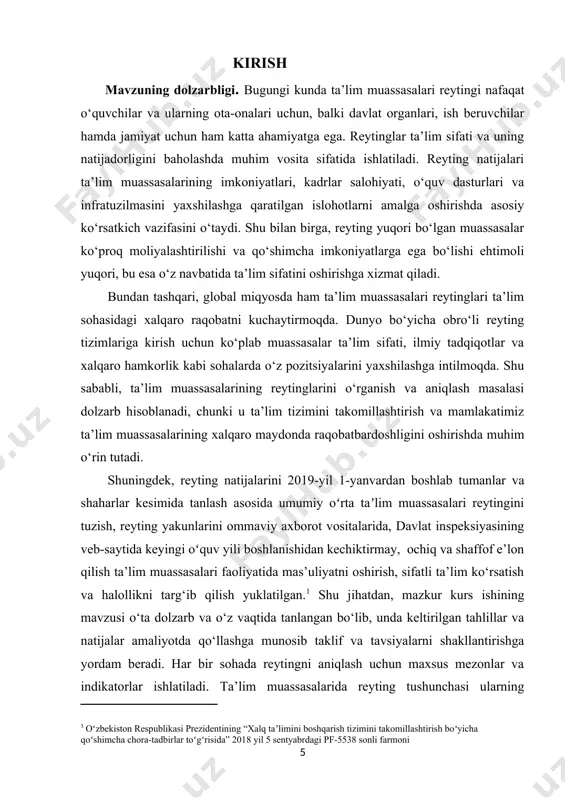 shu asosda, reytinglarni aniqlashda qaysi usullar yanada aniq va samarali ekanligi aniqlanadi va turli ta’lim darajalaridagi muassasalar uchun reyting baholash jarayoni izohlanadi. tadqiqot predmeti. ushbu tadqiqotning predmeti – ta’lim muassasalarining reytingini aniqlashda qo‘llaniladigan mezonlar, indikatorlar va baholash usullaridir. tadqiqot davomida reytingni shakllantirish uchun ishlatiladigan o‘quv jarayoni sifati, ilmiy faoliyat samaradorligi, bitiruvchilarning ish bilan ta’minlanish ko‘rsatkichi, moddiy-texnik baza kabi mezonlar o‘rganiladi va tahlil qilinadi. tadqiqot predmeti sifatida reyting ko‘rsatkichlari va baholash usullari tanlanganligi sababli, ularning ta’lim muassasalari faoliyatiga ta’siri hamda reyting natijalariga ta’sir qiluvchi asosiy omillar ham muhokama qilinadi. bu orqali, ta’lim muassasalarining reytingini oshirish uchun qanday strategiyalar qo‘llash mumkinligi haqida tavsiyalar ishlab chiqishga erishiladi. kurs ishining amaliy ahamiyati. ta’lim muassasalarining reytingini oshirish va ularning faoliyatini takomillashtirish uchun ilmiy asoslangan tavsiyalar ishlab chiqishda namoyon bo’ladi. tadqiqot natijasida ta’lim muassasalari reytingini shakllantirishda qanday mezonlar va indikatorlar eng samarali ekanligi aniqlanadi, bu esa ta’lim sifatini yanada oshirishga xizmat qiladi. umuman olganda, ushbu kurs …