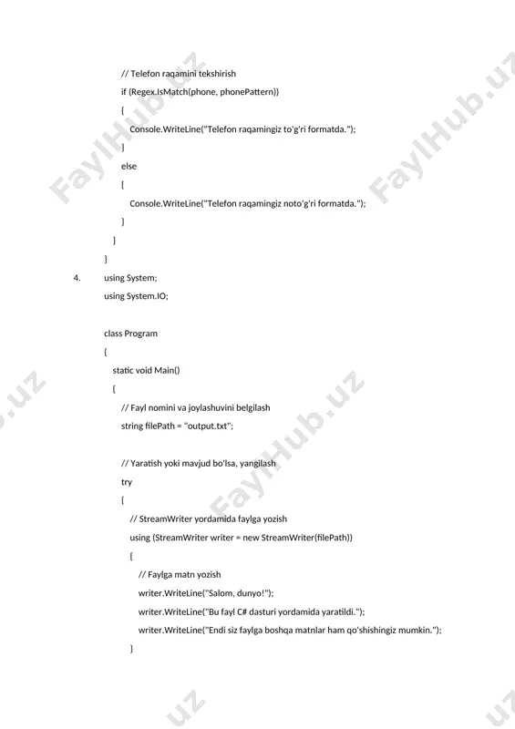 * i2 * o2 * i1 * f2 * o2 - o1 * f2 * i2 * f2 * i2; int ymaxraj = f2 * i2 * o2 * f2 * i2; console.writeline($"x = {xsurat}/{xmaxraj}"); console.writeline($"y = {ysurat}/{ymaxraj}"); } } 8. using system; class program { static void main() { // foydalanuvchidan sonni kiritishni so'rash console.writeline("sonni kiriting: "); string input = console.readline(); // eng katta raqamni topish char maxdigit = '0'; foreach (char c in input) { if (char.isdigit(c)) { if (c > maxdigit) { maxdigit = c; } } } // natijani chiqarish console.writeline("eng katta raqam: " + maxdigit); } } 9. using system; class program { static void main() { // foydalanuvchidan qatorni olish console.write("iltimos, biror qator kiriting: "); string input = console.readline(); // qatorni teskari yozish string reversed = reversestring(input); // natijani chiqarish console.writeline("teskari qator: " + reversed); } // qatorni teskari yozish funksiyasi static string reversestring(string …