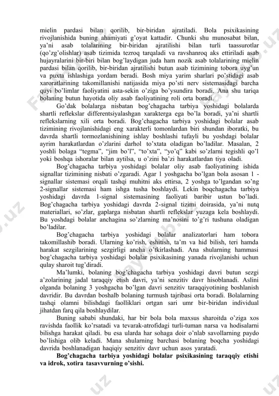 ur bo’lgan juda ko’p ozuqa moddalar o’sishi uchun zarur bo’lgan juda ko’p ozuqa moddalar asosan nondan va dondan (yormalardan) tayyorlangan ovqatlarda bo’ladi. bola shuning uchun ham nonni juda yoqtiradi. lekin bu yoshdagi bolalarni asosan non bilan ovqatlantirish yaramaydi, chunki” non ancha og’ir hazm bo’ladigan ovqatdir. 2 yoshdan boshlab bolaga doimiy ravishda har xil sabzavotlar (sabzi, pomidor, kartoshka kabi ) va mevalar (olma, apelsin, nok, qulupnay, gilos, olcha kabi) yoki shularning sharbatlarini (soki) berib borish kerak. shubhasizki, bog’chagacha tarbiya yoshidagi bolalarning jismoniy jihatdan normal o’sishlari uchun ularga juda ko’p oqsil moddalar kerak bo’ladi. bolalar ko’p miqdordagi oqsil moddalarni sut va sutdan tayyorlangan ovqatlardan hamda go’sht, mol yog’i, tuxum kabi oqsilga boy ovqatlardan oladilar. 1 yoshdan 3 yoshgacha bo’lgan bolalarning jismoniy jihatdan normal va sog’lom o’sishlari uchun oilada ham, yaslida ham ularni qat’iy tartibga asoslanib sifatli ovqatlantirishga jiddiy e’tibor bilan qarash kerak. bog’chagacha tarbiya yoshidagi bola ovqatlanishida yuzaga keladigan ko’p o’zgarishlar bolaning …