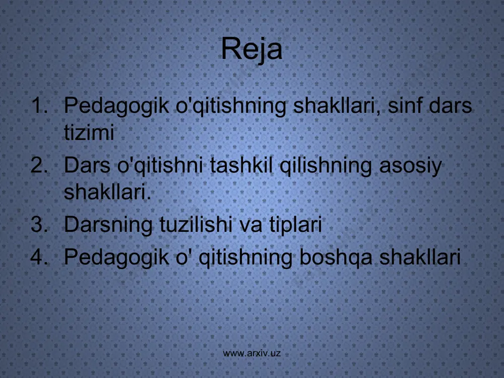 r. www.arxiv.uz www.arxiv.uz o'qituvchining vazifasi-darsda tafakkur va faoliyatning ana shu turlarini eng to’»ri uyg’unlashtirishdir. binobarin bunday uyg’unlik dars samadarligini oshirishning muhim omilidir. www.arxiv.uz ta'limda bilimlarnin o’zlashtirish jarayoniga kiruvchi komponentlar hodisalarni, narsalarni kuzatish, axborotlarni idrok etish. olingan axborotlarni tahlil qilish (bilimlarning xarakterli belgilarini aniqlash, taqqoslash, ko’chirish). eslab qolish ishlar, umumlashtirishlarning to’g’riligini tekshirish hamda baholash. www.arxiv.uz ta'limni baholashning asosiy tashkiliy shakli quyidagi ma'lum belgilarga ega bo'lgan mashg’ulotlarga guruxiy yo’sinda o'tkaziladi mashgulotlarning har yili va har bir o'qish kuni bir paytda boshlanishi: guruhdagi bolalarning yoshi va soni jihatdan baravarligi material o'rganish sur'atining bir xilligi o'quv mashgulotlarining ma'lum tashkiliy shaklda o'tkazilishi www.arxiv.uz www.arxiv.uz www.arxiv.uz www.arxiv.uz guruhli mashg’ulotlarning sinf-dars tizimi deb atalgan bunday shakli keng tarqaldi, mustahkamlandi va hozir ham ancha takomillashgan holda mavjuddir. maktab rivojlanish tarixida 20-yillarda ta'limning yakka tartibdagi shakli notanqidiy yo’sinda qabul qilindi va amaliyotga ta'limning brigada laboratoriya metodi kiritildi. unda bu guruh (5-6 nafar) o'quvchilar o'qituvchi tavsiya etgan materialni mustaqil holda …