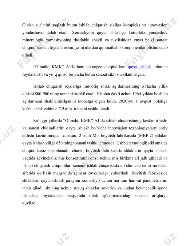 ning filial “olmaliq kmk” ajning texnogen chiqindilarni keyinchalik qayta ishlash bo`yicha turli loyihalarida ishtirok etadi. masalan, 460 million so`mlik xo`jalik shartnomasi asosida ishlab chiqarishning texnogen chiqindilaridan rangli, qimmatbaho va noyob metallarni ajratib olishning innovasion texnologiyasi ishlab chiqilmoqda. janubiy koreyaning “sebine technology” kompaniyasi, “kitech” ilmiy-tadqiqot instituti va “keimyung university” bilan hamkorlikda “olmaliq kmk” aj texnogen chiqindilarini kompleks qayta ishlash loyihasi ishlab chiqilmoqda. ta`kidlash joizki, “olmaliq kmk” aj har yili o`zbekiston respublikasi geologiya va mineral resurslar davlat qo`mitasi hamda sanoat xavfsizligi davlat qo`mitasi tomonidan tasdiqlash uchun texnogen chiqindilarning holati va tarkibi bo`yicha hisobot hujjatlarini tayyorlaydi. ushbu davlat qo`mitalari shlak ag`darmalarida shlaklarni saqlash sharoitlarini avtonom nazorat qiladi va monitoringini olib boradi. sulfat kislota kimyo sanoatini ko'p tonnalik asosiy mahsulotlaridan biridir. sanoatda bir necha nav h2so4 chiqariladi va ular o'zaro konsentratsiyasi va aralashmalari bilan farq qiladi. asosiy qism – texnik kontakt kislota (h2so4 ning miqdori 92,5%), aralashmalarining miqdori kam bo'lgan akkumulyator kislotasi (h2so4 92% …