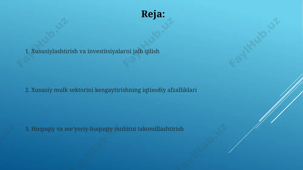 % ga yetishi prognoz qilinmoqda, bu esa mamlakat iqtisodiyotining barqaror oʻsishini taʼminlaydi. ta'lim va sog'liqni saqlash sohasidagi islohotlar 2022 йилда ўзбекистоннинг соғлиқни сақлаш тизимига 1,5 млрд. ақш долларидан ортиқ инвестиция киритилди, бунинг натижасида тошкент шаҳрида янги клиникалар қурилди ва малакали мутахассислар сони кўпайди. самарқанд вилоятидаги 10 та мактабгача таълим муассасаси хусусийлаштирилди, бунда 500 дан ортиқ боланинг мактабгача таълими сифатини яхшилашга хизмат қилди. iqtisodiyotning diversifikatsiyasi xorijiy investitsiyalarni jalb qilish orqali, xususan, toshkent shahrida 2023 yilda 100 dan ortiq yangi korxonalar ochildi, bu iqtisodiyotni diversifikatsiya qilishga va ish o'rinlarini yaratishga yordam berdi. 2024 yil rejalari bo'yicha, andijon viloyatida 30 million dollar miqdorida investitsiyalar hisobiga yangi sanoat tarmoqlari ishga tushiriladi, bu esa iqtisodiyotning turli sohalarini rivojlanishiga va raqobatbardoshligini oshirishga olib keladi. investitsiyalarni jalb qilish mexanizmlari andijon viloyatida 2022-yilda amalga oshirilgan soliq imtiyozlari va er uchastkalarini arzonlashtirish siyosati tufayli 15 ta kichik va o'rta biznes korxonalari jami 10 million aqsh dollaridan ortiq investitsiyalarni jalb …