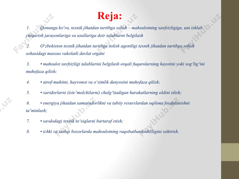 ing, xizmatlarning, menejment tizimlarining, xodimlarning texnik jihatdan tartibga solish sohasidagi normativ hujjatlar talablariga muvofiqligini aniqlashga doir faoliyatdir. muvofiqlikni baholash organi muvofiqlikni baholash tartib-taomillarini bajaradigan yuridik shaxsdir. mahsulot, ishlab chiqarish jarayonlari, xizmatlar, menejment tizimi va xodimlar muvofiqlikni baholash obyektlaridir. texnik reglamentlarda belgilangan muvofiqlikni majburiy ravishda tasdiqlash quyidagi shakllarda amalga oshiriladi: . muvofiqlikni deklaratsiya qilish– muvofiqligi majburiy ravishda tasdiqlanishi lozim bo‘lgan mahsulotga nisbatan rasmiylashtiriladigan hujjat. majburiy sertifikatlashtirish–texnik jihatdan tartibga solish sohasidagi normativ hujjatlarda belgilangan talablarga muvofiqligini tasdiqlovchi hujjat. qonunga koʻra, davlat nazorati organlari oʻrtasida yuqori xavf tugʻdiradigan mahsulot haqida tezkor ravishda oʻzaro xabar berish tizimi yaratiladi va faoliyat koʻrsatadi. qonun rasmiy eʼlon qilingan kundan eʼtiboran 6 oy oʻtgach kuchga kiradi. asos: o‘zbekiston respublikasining oʻrq–819-son qonuni (27.02.2023-y) manba: adliya vazirligi image2.png image3.jpeg image4.jpg image5.jpg image6.jpg image7.jpg image8.jpg