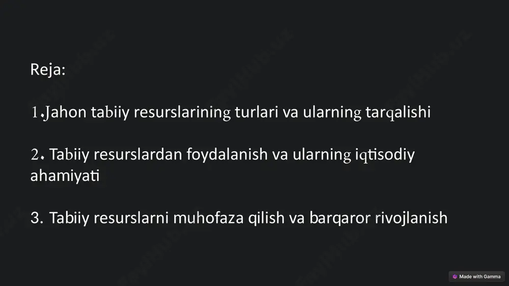 diya arabistoni, rossiya, aqsh. ishlab chiqaruvchi davlatlar. ko'mir eng yirik havzalar: xitoy, aqsh, rossiya. yirik eksportyorlar. metall rudalari temir, mis, oltin va boshqa metallarning taqsimlanishi. mineral resurslar dunyo iqtisodiyotining asosini tashkil etadi. neft va gaz konlari yaqin sharqda, rossiyada va shimoliy amerikada joylashgan. metall rudalari esa turli qit'alarda tarqalgan. 6 suv resurslari geografiyasi daryolar eng uzun va suvga boy daryolar: amazonka, nil, missisipi. ko'llar eng katta ko'llar: kaspiy dengizi, superior ko'li. yer osti suvlari artezian havzalari va ichimlik suv ta'minoti. suv resurslari hayot manbai hisoblanadi. daryolar, ko'llar va yer osti suvlari insoniyatning asosiy ehtiyojlarini qondiradi. global suv tanqisligi muammosi jiddiy e'tiborni talab etadi. 7 o'rmon resurslari geografiyasi tropik o'rmonlar amazonka, janubi-sharqiy osiyo. mo'tadil o'rmonlar shimoliy amerika, yevropa. tayga o'rmonlari rossiya, kanada. o'rmonlar ekologik muvozanatni saqlashda muhim rol o'ynaydi. ular kislorod ishlab chiqaradi, karbonat angidridni yutadi va bioxilma-xillikni ta'minlaydi. o'rmonlarning kesilishi va qayta tiklash muammolari dolzarbdir. 8 tuproq resurslari geografiyasi 1 …