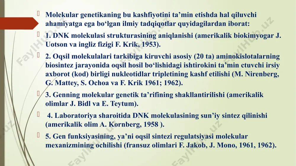 tasvirlash mumkin: 1) dnk molekulasi polinukleotid biopolimer bo‘lib, uning tarkibida 4 xil nukleotidlar mavjud. har qaysi nukleotid 3 xil kimyoviy birikmadan tashkil topgan bo‘ladi: uglevod-monosaxarid-pentozalar jumlasiga kiruvchi a) dezoks.iriboza; b) fosfor kislotasi; d) azotli asos. azotli asoslar 4 xil bo‘ladi. ulaming ikkitasi purin asoslariga kiradi: adenin - a, guanin - g, qolgan ikkitasi pirimidin asoslaridan hisoblanadi: timin - t, sitozin - s. tarkibiga ushbu azotli asoslar kirgan nukleotidlar shu modda nomi bilan ataladi, ya’ni adenin nukleotidi, guanin nukleotidi, timin nukleotidi va sitozin nukleotidi tariqasida nomlanadi. 2) dnk molekulasi spiralsimon o‘ralgan ikkita polinukleotid zanjiridan iborat biopolimerdir 3) dnk dagi bu ikkita polinukleotid zanjiridagi nukleotidlar birbiri bilan vodorod bog‘lari orqali tutashishi komplementarlik qoidasiga binoan amalga oshadi. bunda adenin nukleotidi (a) timin nukleotidi (t) bilan, guanin nukleotidi (g) sitozin nukleotidi (s) bilan tutashadi. dnk molekulasining diametri 20 angstrem, a va t li nukleotidlar uzunligi 12 angstrem va nihoyat g va s li nukleotidlamiki …