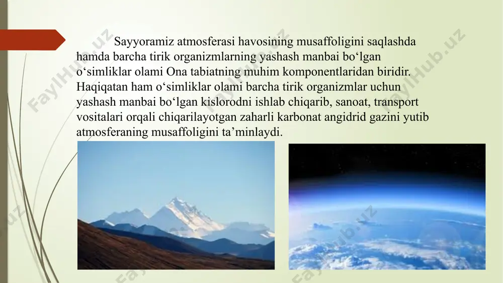 holda tarqalgan. o‘lka o‘simliklarini ilmiy jihatdan o‘rganish xix asrning 80- yillaridan boshlangan bo‘lsa-da, xx asrning 20-30 yillari hamda 40-70 yillarida olib borilgan tadqiqot ishlarining samaradorligi yuqori bo‘ldi. keyinchalik 80-yillardan keyin ham o‘lka o‘simliklarini o‘rganish bo‘yicha tadqiqotlar olib borilib, ushbu tadqiqotlar hozirgi kungacha davom ettirilmoqda. hayvonot olami tabiatning ajralmas tarkibiy qismi bo‘lib, tabiat komponenti sifatida bir butun tabiat majmuasining hosil bo‘lishida muhim rol o‘ynaydi. hayvonot olami o‘simliklar olami singari geografik qobiqdagi modda va energiyaning aylanma harakatida faol ishtirok etadi. sayyoramizda hayvonot olamining geografik tarqalishi joyning tabiiy sharoiti (relyef, iqlim) hamda inson xo‘jalik faoliyati kabi omillar bilan bog’liq. ayniqsa iqlim sharoiti hayvonot olamining yashash muhitiga kuchli ta’sir ko‘rsatgan. masalan jazirama issiq iqlim sharoitida ayrim hayvonlar turlari kunduzi uyquga ketib, tunda faol hayot kechiradi. shimoliy yarim sharning mu’tadil mintaqasi va qutb o‘lkalarida ba’zi bir hayvonlar yilning sovuq davrida mavsumiy uyquga ketib, yilning issiq oylarida faol hayot kechiradi. qushlarning yashash muhiti areali esa keng …