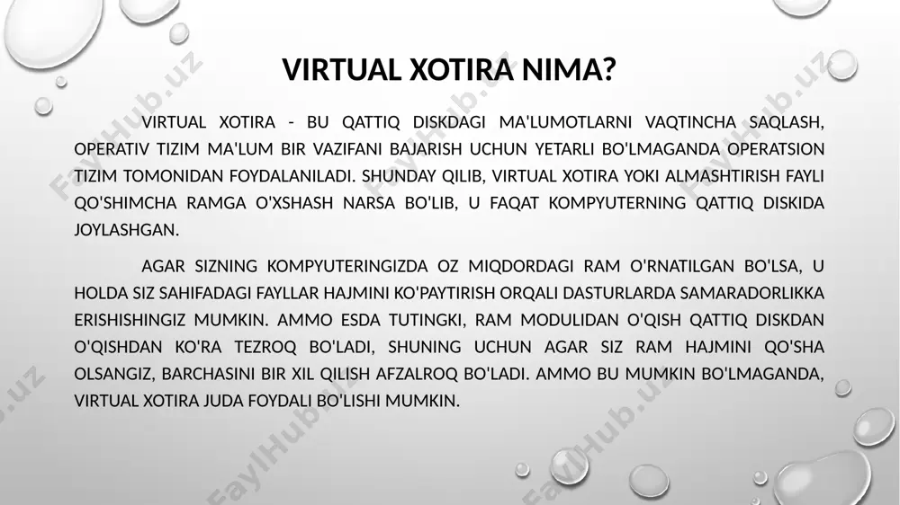 ini beradi. 16 segmentli tashkil qilish sahifali tashkil qilishda, jarayonning virtual adreslar maydoni mexanik ravishda teng qismlarga bo’linadi. bu dasturning turli qismlariga (segmentlariga) kirish usullarini farqlashga imkon bermaydi va bu xususiyat ko’pincha foydali bo’ladi. masalan, dasturning kod segmentiga yozish va o’qish operatsiyalarini taqiqlash mumkin va faqat ma’lumotlar segmenti uchun o’qish mumkin. bundan tashqari, dasturni "mazmunli" qismlarga bo’lish bir segmentni bir necha jarayonlarga ajratishni tubdan amalga oshiradi. masalan, agar ikkita jarayon bir xil matematik qism dasturni ishlatsa, unda ushbu qism dasturning faqat bitta nusxasini tsqga yuklash mumkin. segmentlangan xotirani ajratish ushbu funksiyalarni qanday amalga oshirishini qaraymiz (4-rasm). jarayonning virtual adreslar maydoni segmentlarga bo’linadi, ularning o’lchamlari ulardagi ma’lumotlarning semantik ma’nosini hisobga olgan holda dasturchi tomonidan belgilanadi. 17 ba’zida dastur segmentatsiyasi kompilyator tomonidan jimlik bo’yicha amalga oshiriladi. jarayon yuklanganda, segmentlarning bir qismi operativ xotiraga joylashtiriladi (bu holda, ushbu segmentlarning har biri uchun operatsion tizim bo’sh xotiraning tegishli qismini qidiradi) va segmentlarning bir qismi …