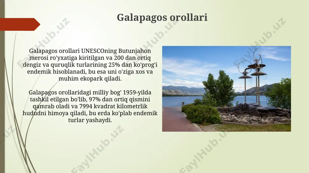 a muhim ekologik ahamiyatga ega. serengeti milliy bogʻi serengeti milliy bogʻida 500 dan ortiq qush turi va 500 dan ziyod sutemizuvchi turlari, shu jumladan noyob va yoʻqolib borayotgan turlari mavjud, bu esa uning bioxilma-xilligini ta'kidlaydi. serengeti milliy bogʻining 14,750 kvadrat kilometr maydoni tanzaniya va keniya davlatlarini oʻz ichiga oladi, bu yerda 1,5 milliondan ortiq yovvoyi hayvonlar, jumladan, sherlar, fil va gepardlar yashaydi. dunyo boʻylab eng yirik ekologik parklar yujunshan milliy tabiiy qo'riqxonasi xitoyning xunan provinsiyasida joylashgan bo'lib, 3000 kvadrat kilometrdan ortiq maydonni egallaydi va 200 dan ortiq noyob o'simlik turlarini muhofaza qiladi. braziliyaning amazon o'rmonlarida joylashgan jatoba milliy bog'i 1 million gektardan ortiq maydonni o'z ichiga oladi va dunyodagi eng katta yashil maydonlardan biri hisoblanadi. e'tiboringiz uchun rahmat @taqdimot_robot image1.jpg image2.jpg image3.jpg image4.jpg image5.jpg image6.jpg image7.jpg image8.jpg image9.jpg image10.jpg image11.jpg image12.jpg