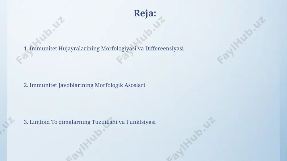yirik hujayralar bo‘lib, ko‘p sonli lizosomalar va fagosomalarni o‘z ichiga oladi, bu ularning patogenlarni yutish qobiliyatini aks ettiradi. talpaning morfologiyasi va funksiyasi talpaning morfologiyasi limfotsitlarning 3 ta asosiy turini – b-hujayralar, t-hujayralar va nk-hujayralarni o'z ichiga oladi, ularning har biri o'ziga xos sitoplazmatik tuzilmalarga va immun javoblarida o'ziga xos rollarga ega. talpan qon aylanish tizimida doimiy ravishda aylanib yuradi va to'qimalarga 24 soat davomida migratsiya qiladi, bu esa to'qimalar va organlarning 90% dan ortig'ida infektsiyalarni tez aniqlash imkonini beradi. ko'krak limfa yo'lining morfologiyasi ko'krak limfa yo'lining stromasi retikulyar tolalar va maxsus interstitsial hujayralardan tashkil topgan bo'lib, limfotsitlarning harakatlanishi va o'zaro ta'sirini ta'minlaydi, bu esa samarali immun javobni keltirib chiqaradi. ko'krak limfa yo'lining morfologiyasi 30 dan ortiq limfa tugunlarini o'z ichiga oladi, ularning kattaligi 1 mm dan 2 sm gacha o'zgarib turadi va immun hujayralarining ko'payishi va differentsiatsiyasi uchun muhim joy hisoblanadi. yengil va og'ir zanjirli antitellar morfologiyasi igm antitanalari pentamerik …