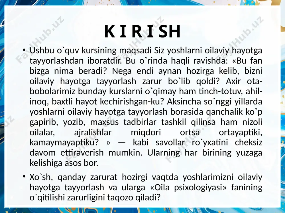 ga kelib oilaviy hayot uchun, muvaffaqiyatli turmush kechirib ketishlari uchun zarur bo`lgan yetuklik darajalarining barchasiga erishganlar,bu esa ularning oilaviy hayotlarida yuzaga kelishi mumkin bo`lgan muammolarning bartaraf etilishiga asos bo`lib xizmat qilgan. oila psixologiyasi fanining predmeti, maqsadi va vazifalari «oila psixologiyasi» fanining maqsadi — oila psixologiyasiga doir eng muhim bilimlarni berish va ular asosida tegishli malakalar, ko`nikmalarni shakllantirib, yoshlarni oilaviy hayotga tayyorlashdir «oila psixologiyasi» fanining predmeti oilaning ijtimoiy va etnopsixologik xususiyatlarini tashkil etadi «oila psixologiyasi» fanining vazifalari oilali shaxsning shakllanishidagi roli haqida yoshlarga tasavvur berish yoshlarni oilaviy hayotda bo`ladigan muammolar, qonuniyatlar haqida ilmiy tasavvurlar bilan tarbiyalash, ularni bu jarayonlarga tayyorlash yoshlarda muammoli vaziyatlardan psixologik jihatdan oqilona chiqish malakalarini o`rgatish yoshlarni jinsiy hayotga ilmiy asosda tayyorlash yoshlarni oilaviy muloqotga tayyorlash. yoshlarni oilaviy hayotda kuzatiladigan o`zgarishlar haqidagi ilmiy bilimlar bilan tanishtirish yoshlarni oilaviy hayotda yuzaga keladigan muammolarga konstruktiv tus berishga, destruktiv yo`nalishdagilardan saqlanishga o`rgatish yoshlarning o`zlariga turmush o`rtog`ini to`g`ri tanlash malakalarini shakllantirish yoshlarda …