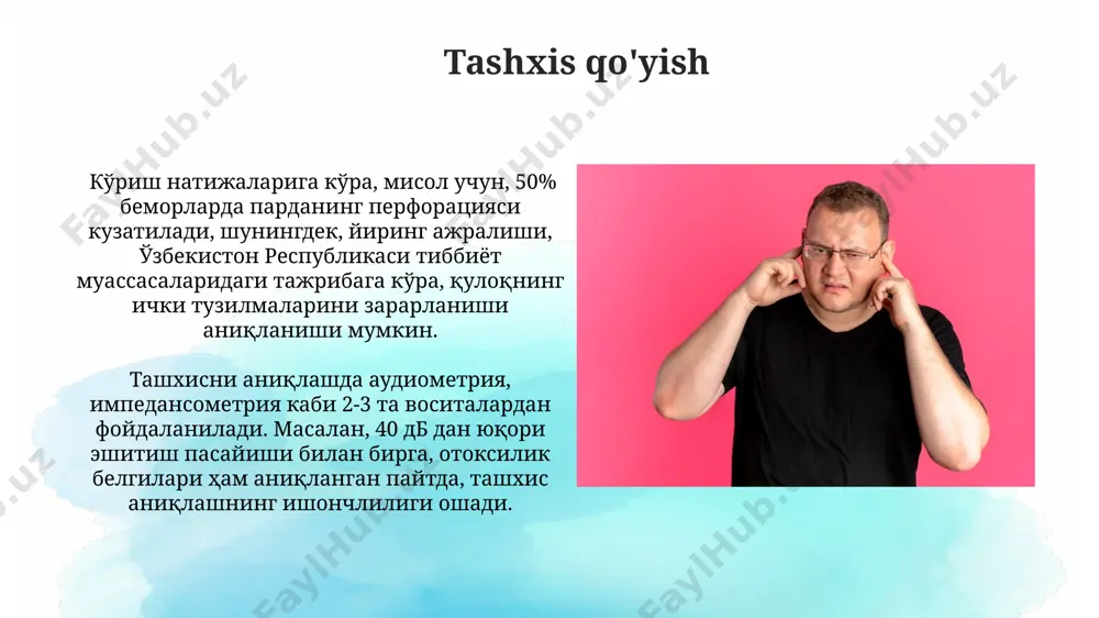 gli otit bilan kasallanish darajasi yuqori bo'lib, 10000 kishiga 70 ga yaqin holatni tashkil etadi. jarrohlik davolash bilateral surunkali yiringli otitni davolashda, ta'sirlangan hududni to'liq tozalash uchun 1-2 marta jarrohlik aralashuviga ehtiyoj bo'lishi mumkin, bu esa kasallikning qaytalanishini 5% gacha kamaytiradi. jarrohlik davolashda, masalan, mastoidit xujayralarining to’liq tozalangani 90% dan ortiq holatlarda og'riqni kamaytirish va eshitishni yaxshilashga olib keladi, bu esa jahon sog'liqni saqlash tashkiloti (jsst) ma'lumotlariga ko'ra, samaradorlikni oshiradi. bemorlarni kuzatish toshkent va farg'ona viloyatlaridagi kuzatuvlar shuni ko'rsatdiki, bemorlarning 80% da davolanishning dastlabki 2 oyida 3 dan ortiq antibiotik kurslari qo'llanilgan. surunkali ikki tomonlama yiringli otit bilan og'rigan 100 bemordan 75 foizida, samarqand viloyati shifoxonalarida o'tkazilgan kuzatuvlarda, qo'shimcha infektsiyalar mavjudligi aniqlangan. rekombinantlar rekombinant lizozim preparatlari, aqshda ishlab chiqarilgan, 100 bemorda oʻtkazilgan klinik sinovlarda bilateral surunkali yiringli otitni davolashda 85% samaradorlik koʻrsatgan. rekombinant interferon-γ ning 20 mg dozasida qoʻllanilishi, germaniyada oʻtkazilgan tadqiqotlarga koʻra, bilateral surunkali yiringli otitning yalligʻlanish jarayonini 50% …