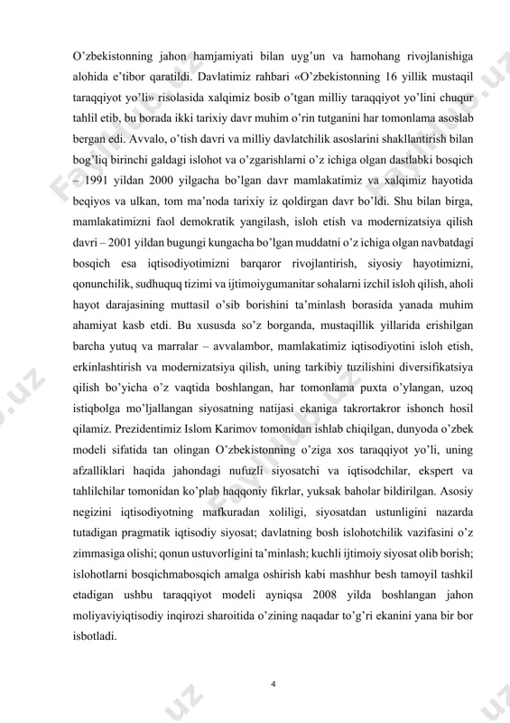 nologiyalarni jalb etgan holda, korxonalarni modernizatsiya qilish, texnik va texnologik yangilash bo’yicha keng ko’lamli dasturlarni izchil amalga oshirish, energetika, neftgazkimyo, rangli metallurgiya, ximiya va to’qimachilik sanoati, mashinasozlik va avtomobilsozlik, farmatsevtika va mikrobiologiya kabi yuksak texnologiyalar asosida ishlaydigan, iqtisodiy taraqqiyotning lokomotivi hisoblangan tarmoqlarning jadal rivojlanishi ta’minlanmoqda. shuningdek, qishloq xo’jaligi mahsulotlarini sifatli va chuqur qayta ishlash, qurilish materiallari ishlab chiqarishda salmoqli natijalarga erishilmoqda. o’zining 19 yillik mustaqil taraqqiyoti davomida qanchadanqancha sinov va mashaqqatlardan yorug’ yuz bilan o’tgan, beqiyos bunyodkorlik salohiyati bilan o’z yurtini obod va farovon etib kelayotgan mard va mehnatkash xalqimiz bunga har tomonlama qodir ekani barchamizga kuchg’ayrat va g’urur, ertangi kunimizga mustahkam ishonch bag’ishlaydi. mustaqillik yillarida davlat boshqaruv hokimiyati tubdan isloh qilindi. avvalo, sobiq ittifoq davrida faoliyat yuritib kelgan o’zbekiston davlat hokimiyatining ijro qiluvchi va boshqaruvchi oliy organi ministrlar sovetining maqomi tubdan o’zgartirildi. 1990 yil 24 martda o’zbekistonda prezidentlik lavozimi ta’sis etilgandan keyin hayotning o’zi ijro etuvchi hokimiyat maqomini o’zgartirishni …
