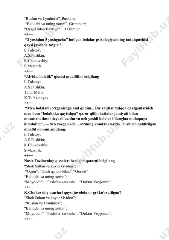 ijodkor she’riy ertagidan olingan? kavsar turdiyeva; a.ko‘chimov, “saboq”; m.a’zam, “erk qushi”; d.rajab, “toshning boshi”. ++++ 0 ‘zbek bolalar adabiyotini yuzaga keltirgan asosiy omillar qaysi javobda to‘g‘ri ko‘rsatilgan? xx asr boshlaridagi “usuli savtiya” maktablari o ‘quvchilariga mo‘ljallangan alifbo va o‘qish kitoblari (majmualar) maydonga kelib, ularga tom ma’nodagi o‘zbek bolalar adabiyotining tug‘ilishi deb qarash mumkin; xx asrdagi maktab darsliklari; turkistonda jadidchilik harakatining ommaviylashuvi; adabiy jarayon. ++++ xx asr boshlaridagi o‘zbek ma’rifatparvarlik harakatining yetakchi namoyandasi, toshkentdagi “usuli savtiya” maktablarining asoschilaridan biri, o‘zbek bolalar adabiyoti taraqqiyotiga samarali hissa qo’shgan shoir qaysi javobda keltirilgan? hamza hakimzoda niyoziy abdulla avloniy sadriddin ayniy; mahmudxo‘ja behbudiy. ++++ “adabiyot yoxud milliy she’rlar” nomli to‘rt qismdan iborat to'plami muallifi va uning darsliklari qaysi javobda ko‘rsatilgan? hamza, “milliy ashulalar uchun milliy she’rlar”, “yengil adabiyot”; ayniy, “tahzib us-sibyon”, “qiz bola yoki xolida”; abdulla avloniy, “birinchi muallim”, “ikkinchi muallim”; abdurauf fitrat, “0 ‘qu”. ++++ firdavsi jinon maktab, nodonlara jon maktab,bilgan kishiga qadrin bir …