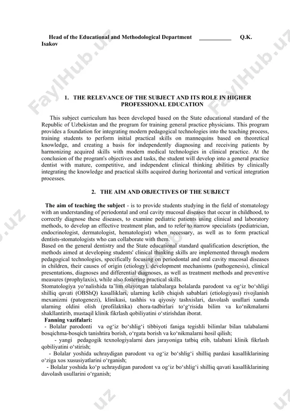 arga bolalarda parodont va og‘iz bo‘shligi shilliq qavati (obshq) kasalliklari, ularning kelib chiqish sabablari (etiologiyasi) rivojlanish mexanizmi (patogenezi), klinikasi, tashhis va qiyosiy tashxislari, davolash usullari xamda ularning oldini olish (profilaktika) chora-tadbirlari to‘g‘risida bilim va ko‘nikmalarni shakllantirib, mustaqil klinik fikrlash qobiliyatini o‘stirishdan iborat. fanning vazifalari: - bolalar parodonti va og‘iz bo‘shlig‘i tibbiyoti faniga tegishli bilimlar bilan talabalarni bosqichma-bosqich tanishtira borish, o‘rgata borish va ko‘nikmalarni hosil qilish; - yangi pedagogik texnologiyalarni dars jarayoniga tatbiq etib, talabani klinik fikrlash qobiliyatini o‘stirish; - bolalar yoshida uchraydigan parodont va og‘iz bo‘shlig‘i shilliq pardasi kasalliklarining o‘ziga xos xususiyatlarini o‘rganish; - bolalar yoshida ko‘p uchraydigan parodont va og‘iz bo‘shlig‘i shilliq qavati kasalliklarining davolash usullarini o‘rganish; - bolalar og‘iz bo‘shlig‘i tibbiyoti sohasiga ta’luqli parodont va og‘iz bo‘shlig‘i shilliq qavati kasalliklarini integral yo‘nalishdagi tashhisi va qiyosiy tashhisi bosqichlarini, davolash va profilaktika usullarining zaruriy jihatlari to‘g‘risida ma’lumot berish; - obshq patologik jarayonlarning ichki a’zo kasalliklari bilan klinik kechishi bo‘yicha talabalar …
