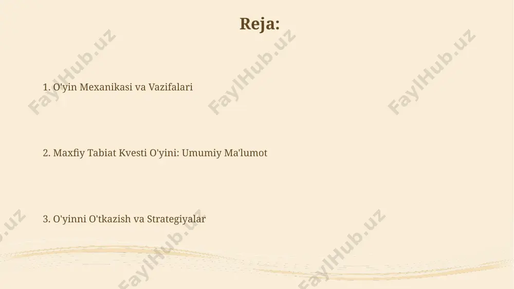 an maxfiy kodni aniqlash zarur. o'yin mexanikasi har bir jumboqni hal qilish uchun o'yinchilar tarixiy ma'lumotlar, 10 ta raqamli kodlar va geografik koordinatalarni birlashtirishlari kerak. o'yin 5 ta noyob joylashuv – samarqand, buxoro, xiva, toshkent va farg'onada 20 ta jumboqni echishni o'z ichiga oladi, har bir jumboq o'yinchilarni keyingi manzilga yo'naltiradi. o'yinning ijobiy va salbiy tomonlari salbiy tomoni sifatida, o'yinning ba'zi qismlari murakkabligi va 5-7 yoshgacha bo'lgan bolalar uchun mos kelmasligi, qo'shimcha ko'rsatmalar talab qilishi mumkin. o'yinning yana bir salbiy tomoni, o'yin davomida 200 ga yaqin topshiriqlarni bajarish jarayoni ayrim o'yinchilar uchun zerikarli va takrorlanuvchi bo'lishi mumkin. e'tiboringiz uchun rahmat @taqdimot_robot image2.jpg image3.jpg image4.jpg image5.jpg image6.jpg image7.jpg image8.jpg