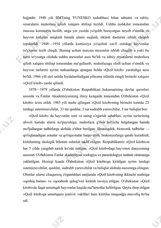 avsiya etilgan. o'zbekiston «qizil kitobi»da faqat umurtqali hayvonlar haqida ma'lumotlar keltirilgan. qayta chop etilgan «qizil kitob»ga umurtqasiz jonivor vakillari ham kiritilsa maqsadga muvofiq bo'lar edi. o'zbekiston «qizil kitobi»ning ikkinchi tomiga davlat muhofazasiga olingan 163 turdagi yovvoyi o'simliklar kiritilgan va muhofaza qilish xalqaro uyushmasi tomonidan ishlab chiqilgan klassifikatsiyaga binoan 4 ta turkumga bo'lingan: 1. yo'qolgan turlar; 2. noyob (malum kichik maydonlarda o'ziga xos sharoitlarda saqlanib qolgan, tez yo'qolib ketishi mumkin bo'lgan va jiddiy nazoratni talab etuvchi turlar); 3. yo'qolib borayotgan turlar; 4. kamayib borayotgan turlar. «qizil kitob»ning yangi nashrida muhofazaga olingan o'simliklarning 300 ga yaqin turlari, ularning qaysi oilaga mansubligi, qisqacha ta'rifi, tarqalishi haqida malumotlar keltirilgan, sxematik kartada o'sish joyi ifodalangan. tabiiy sharoitda ko'payish yo'llari va nihoyat, muhofaza qilish choratadbirlari haqida ma'lumotlar bayon etilgan. shunday qilib, «qizil kitob»ning mohiyati shundaki, tabobat va hayvonot olamining noyob, yo'qolib ketish xavfi ostida turgan turlar haqida ma'lumot beruvchi hujjatdir. uning maqsadi jamoatchilik va davlat ijroiya …