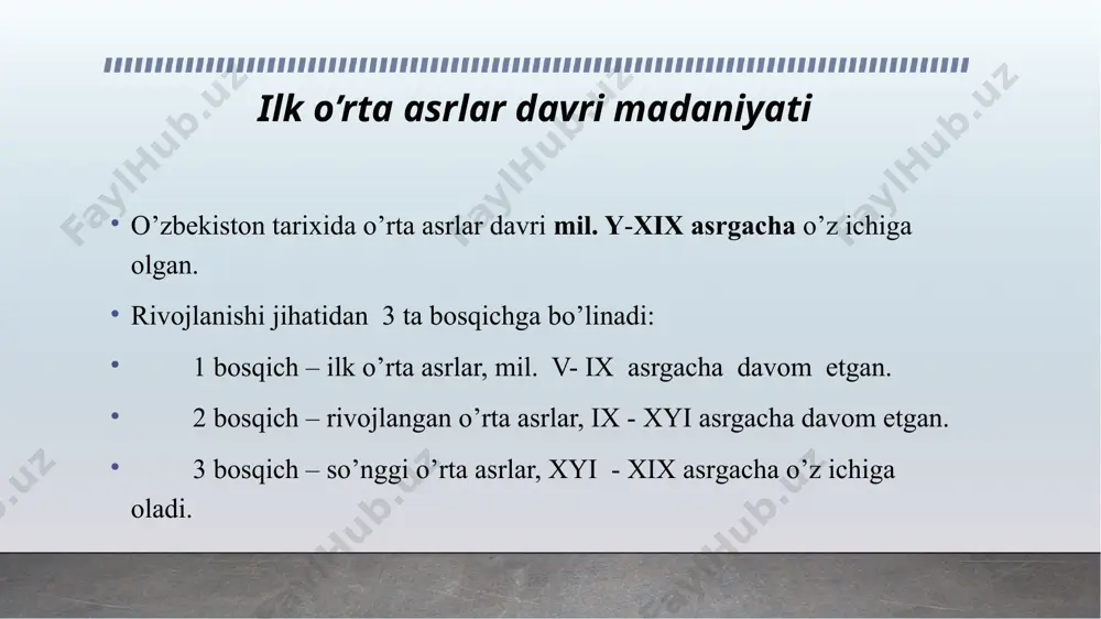 yunusobod oqtepasi chilonzor oqtepasi chilonzor oqtepasi rivojlangan o’rta asrlar davri madaniyati rivojlangan o’rta asrlar davri o’zbekiston tarixida somoniylar davlati tashkil topishidan boshlanib, to temuriylar davlati inqirozigacha (ix -xyi asr) davom qiladi. bu davrni ijtimoiy va iqtisodiy, siyosiy va madaniy jihatdan ikkita taraqqiyot va bitta inqiroz bosqichiga bo’linadi. birinchi taraqqiyot bosqichi ix—xiii asr boshlarini o’z ichiga oladi. bu davr madaniy hayoti islom mafkurasi asosida shakllanib, o’ziga xos madaniy rivojlanish kuzatiladi. markazlashgan davlat tashkil qilinib, unda avval somoniylar (ix—x ), so’ng esa, uning hududlari uchta turkiy davlatlar- qoraxoniylar, g’aznaviylar va saljuqiylar o’rtasida (xi asrda) taqsimlanib, bu hududlarning katta qismida xii asr o’rtalarida buyuk xorazmshohlar davlati tashkil topadi. xiii asr o’zbekiston tarixiga inqroz davri bo’lib kirgan. xiii asr boshlarida mo’g’ullarning o’rta osiyoga hujumi va bo’ysundirishi madaniy taraqqiyotga o’ta darajada salbiy ta’sir ko’rsatib, uning rivojlanishini bir necha yillarga to’xtatib qo’yadi. ikkinchi taraqqiyot bosqichi xiy–xy asrlarni o’z ichiga oladi. buni tadqiqotchilar uyg’onish davri deb baholaydilar. …