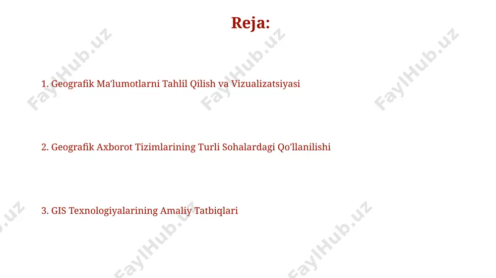 un'iy yo'ldoshi yordamida olingan 4 ta spektral tasvirlarni gisda tahlil qilish natijasida qoraqalpog'iston respublikasidagi paxta dalalarining holatini baholash mumkin. qishloq xo'jaligida gis qo'llanilishi qashqadaryo viloyatining 30 ta qishloq xo'jaligi korxonasida hosilni prognoz qilish va zararkunandalar tarqalishini kuzatish uchun gis asosidagi monitoring tizimi joriy etildi, bu esa 10% ga zararni kamaytirdi. samarqand viloyatida 1000 ga yaqin paxta dalasining unumdorligini baholashda gis texnologiyalaridan foydalanib, o'g'it miqdorini 15% ga kamaytirishga erishildi. transport va logistika sohasida gis buxoro shahrida gis texnologiyalari yordamida 30 ta yangi avtobus yo'nalishini rejalashtirish natijasida, aholi uchun transport xizmatlarining qulayligi 25% ga oshdi va transportga bo'lgan talabni qondirdi. samarqand viloyatida 500 dan ortiq yuk mashinalarining harakatini kuzatish va optimallashtirish orqali, yoqilg'i sarfini 10% ga kamaytirish va yetkazib berish vaqtini 20% ga qisqartirishga erishildi. yer qatlamlarini o'rganishda gis yer osti suvlarining tarqalishini aniqlashda gis yordamida 3d modellashtirish orqali toshkent viloyatining 500 dan ortiq quduqlari ma'lumotlari tahlil qilinib, suv resurslarining zahiralari aniqlangan. …