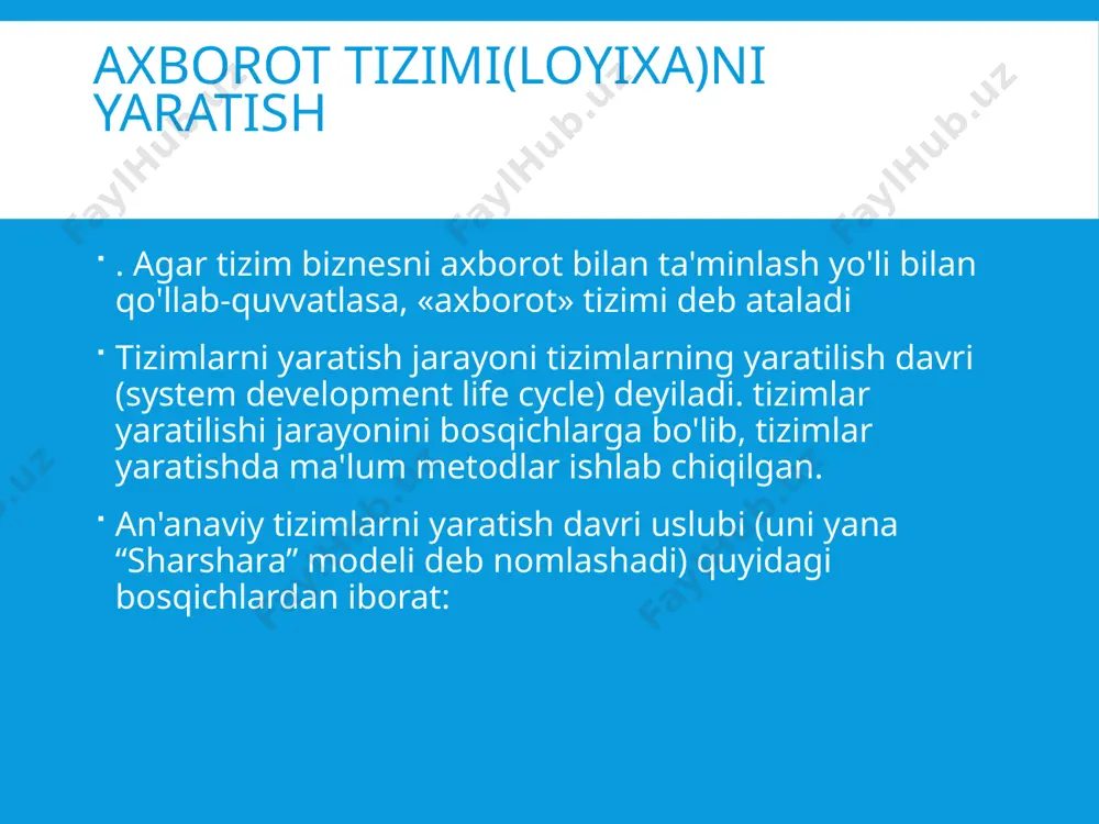 . dasturiy ta'minot loyihalarini ishlab chiqish uchun yana bir muhim kontseptsiya "ishlab chiqarish texnologiyasi" tushunchasidir. har bir texnologiya ma'lum uslubga asoslanadi, uning o'ziga xos variantidir, muayyan dasturiy vositalardan foydalanadi va ma'lum bir turdagi dasturlarni yaratishga qaratilgan. loyihani ishlab chiqish texnologiyasi quyidagilarni o'z ichiga oladi: loyihani turli bosqichlarda tasvirlash uchun til; rivojlanishni qo'llab-quvvatlash vositalari; usullar, ya'ni. rivojlanish uslubi tufayli qoidalar va tavsiyalar to'plami. bir xil dasturiy ta'minot muhitida loyihalarni ishlab chiqish usullari boshqacha bo'lishi mumkin - ishlab chiqilayotgan dasturning maqsadiga, vazifalar sinfiga, foydalanuvchilar doirasiga, ularning bilim darajasi va boshqa omillarga bog'liq. programm ta'minotini yaratish sxemalari. . programm ta'minotini yaratish spiral sxemasi. talablarni aniqlash va tahlil qilish loyihalash programma matnni yozish (―kodlash‖) programma kompleksini yig'ish ( komponovka qilish) va integratsiyalash verifikatsiyalash, testlash va sozlash xujjatlar yaratish joriy qilish(qo'llash) nusxalash kuzatish (barcha yuqorida ko'rsatilgan bosqichlarni qaytarish) yaratish va kuzatish fazalar bosqichlari. talablarni aniqlash va tahlil qilish bu bosqichda foydalanuvchi talablarini aniqlash lozim. buning …