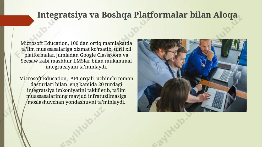 azure ta'lim uchun azure ta'lim uchun microsoftning 100 dan ortiq mamlakatdagi ta'lim muassasalariga bulutli texnologiyalarni taqdim etadi, ularga 1000 dan ortiq dasturlar va xizmatlarga kirish imkoniyatini beradi. microsoft azure ta'lim uchun platforma sifatida a+, linux+, aws certified cloud practitioner kabi sertifikatlarga tayyorgarlik ko'rish imkoniyatini yaratadi, buning uchun o'quv materiallari va amaliy mashg'ulotlar taqdim etiladi. o'qituvchilar uchun resurslar va treninglar o'qituvchilar uchun qo'llanmalar, qo'shimcha materiallar va o'quv rejalari bilan to'ldirilgan 5000 dan ortiq resurslar kutubxonasi mavjud bo'lib, ular darslarni samarali o'tkazishga yordam beradi. microsoft sertifikatlash dasturlari orqali o'qituvchilar o'zlarining raqamli savodxonlik ko'nikmalarini oshirishlari va 3 ta turli darajadagi sertifikatlarga ega bo'lishlari mumkin. baholash va monitoring real vaqt rejimida o'quv jarayonini kuzatish imkoniyati beruvchi monitoring tizimi, o'qituvchilarga 5 dan ortiq turdagi xabarlar orqali o'quvchilarning yutuqlari va muammolari to'g'risida tezkor ma'lumot olish imkonini beradi. microsoft education’ning tahlil vositalari yordamida o'quvchilarning 20% ga yaqini darslarda faol ishtirok etish darajasini oshirishga erishildi, bu esa umumiy …