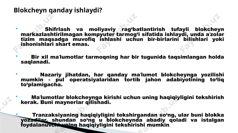 mkin: 2. криптовалюталар: турли хил турлари ва уларнинг молиявий бозорларга таъсири криптовалюталар — бу рақамли активлар бўлиб, улар блокчейн технологиясига асосланган. улар марказлашмаган ва мустақил тўлов воситалари сифатида ишлатилади. уларнинг асосий хусусияти — хавфсизлик ва шаффофликдир, чунки криптовалюта транзакциялари блокчейн тизими орқали тасдиқланади. kriptovalyuta bu… kriptovalyuta - bu raqamli pul, uni jismonan sezib bo'lmaydi, chunki ular faqat foydalanuvchining kriptovalyutasi qanchalik ko'pligi va uni qayerga o'tkazishi haqidagi ma'lumotlarni o'z ichiga olgan elektron reestrlarda saqlanadi. bu reestrlar blokcheynlar deb ataladi va ularni buxgalteriya hisobi bilan solishtirish mumkin. blockcheyn bitta qurilmada saqlanmaydi, balki tarmoqning barcha ishtirokchilariga yuboriladi, bu uning barcha hujayralarini tekshirishga va noto'g'ri bo'lganlarni o'chirishga imkon beradi, bu esa blokcheyn tizimini ancha xavfsiz va anonim qiladi, chunki hamyonda shaxsiy ma'lumotlar saqlanmaydi. криптовалюталарнинг турлари: bitcoin (btc): биринчи ва энг машҳур криптовалюта бўлиб, у 2009 йилда сатоши накамото томонидан яратилган. биткоин молиявий институтларсиз ва назорат қилувчи органларсиз, тўлов воситаси сифатида ишлатилади. ethereum (eth): эфир …