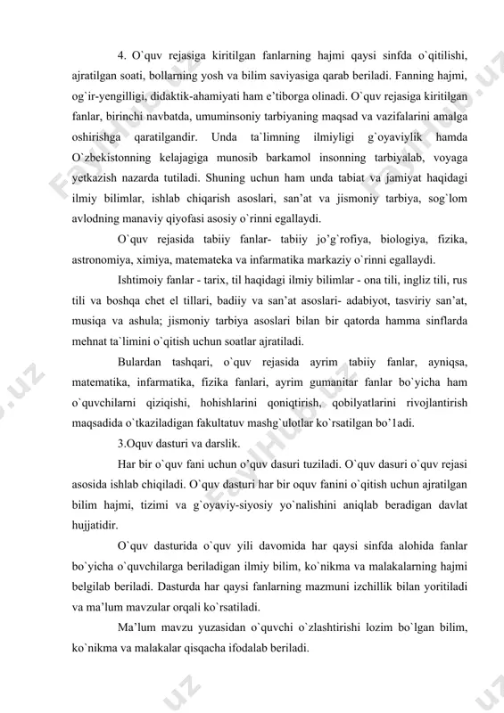 o`quv dasturlari jamiyatimiz taraqqiyotning har bir bosqichda fan, texnika, ishlab chiqarish hamda ijtimoiy munosabatlar sohasida erishilgan darajani aks ettirishi lozim. bu ular har yili ko`rib chiqilishi kerak, degan gap emas, aksincha, hamma o`quv fanlariga oid dasturlarning bir nech yillar mobayninda qat’iy bo`lishiga erishmoq darkor. dasturining qat’iyligi qat’iy darsliklar ishlab chiqish uchun katta ahamiyatga egaki, bu darsliklar uzoq yashashi va o`quv jarayonida uzoq foydalanishi kerak. 2. o`quv dasturida ilmiylik qoidasi. dasturga borliqni aniq, haqqoniy aks ettirgan, ilmiy jihatdan tekshirilgan ishonchli materiyallar kiritiladi. ilmiy bilimlarning tobora rivojlanib borishi va uni ishlab chiqarishda tadbiq etilishiga doir ma’lumotlar maktab o`quv fanlariga ham o`zgarishlar kiritishiga olib kelganidek, o`quv dasturidagi ayrim eskirgan massalalar o`quv fanlaridan chiqarib tashlanadi. 3. o`quv materiallari mazmunini to`g`ri tanlash, fan materiyallarini tanlashda unda isbotlar, misollar mantiqiy umumlashma va xulosalarning to`g`ri uyg`unlashuviga alohida e’tibor beriladi. aniq misollar bo`lmasa o`rganilayotgan hodisalarni nazariy jihatdan tushunish mumkin emas. 4. nazariyaning amaliyot bilan birlik qoidasi. o`quv dasturida …