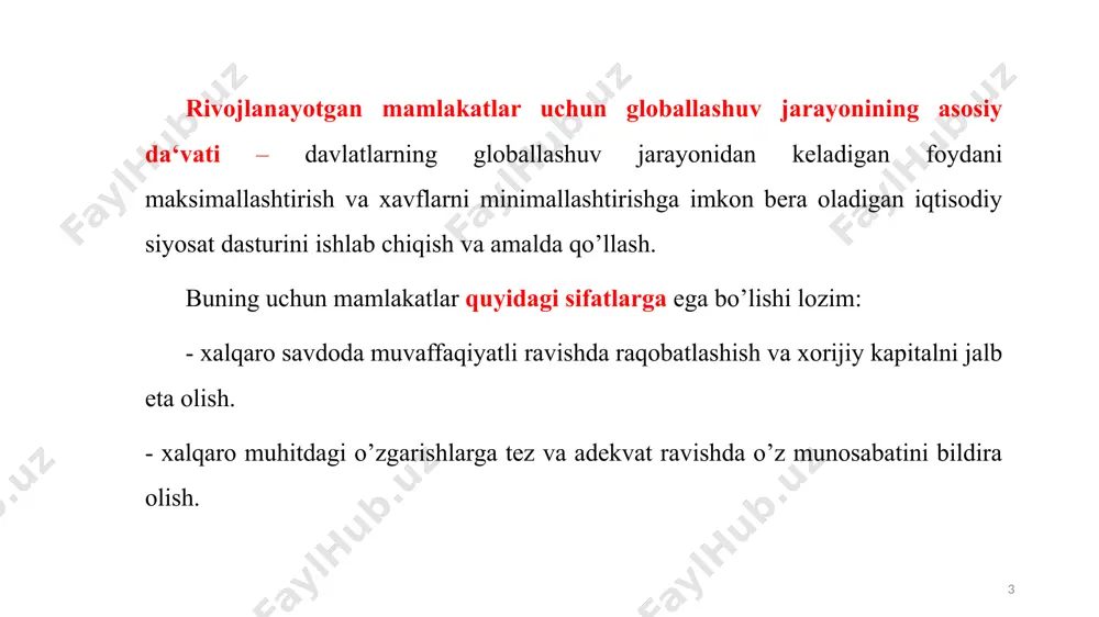 sh dasturida belgilangan 17 maqsad: 1. kambag’allikni va uning barcha turdagi ko’rinishlarini tugatish. 2. ochlik muammosini bartaraf etish, oziq-ovqat xavfsizligiga erishish hamda barqaror qishloq xo’jaligini shakllantirish. 3. barcha yosh davrlarida sog’lom hayot tarzini kafolatlash. 4. barcha uchun sifatli ta‘limni kafolatlash va uzoq muddatli ta‘lim olishga yo’naltirish. 5. jins bo’yicha tenglikni ta‘minlash, ayollar va qizlar faolligini oshirish. 6. barcha uchun barqaror suv boshqaruvi hamda sanitariya sharoitlarini yaratish. 7. ishonchli, zamonaviy va arzon energiya manbalarini rivojlantirish 8. barqaror iqtisodiy o’sishni ta‘minlash, ish bilan bandlikni oshirish va ish yukini kamaytirish. 7 9. infratuzilmani shakllantirish, sanoatlashtirish va innovatsion rivojlanishni ta‘minlash. 10. mamlakatlar o’rtasidagi tafovutni qisqartirish. 11. shaharlardagi xavfsizlik va barqarorlikni ta‘minlash. 12. barqaror iste‘mol va ishlab chiqarish. 13. iqlim o’zgarishi va uning ta‘sirlari. 14. okean, dengiz va suv havzalari resurslaridan oqilona foydalanish 15. ekotizimni himoya qilish, o’rmon boshqaruvini, yer yemirilishi va bioxilma-xillikni saqlash. 16. barqaror rivojlanish jarayonida tinchlikni saqlash, samarali keng qamrovli institutlar faoliyatini …