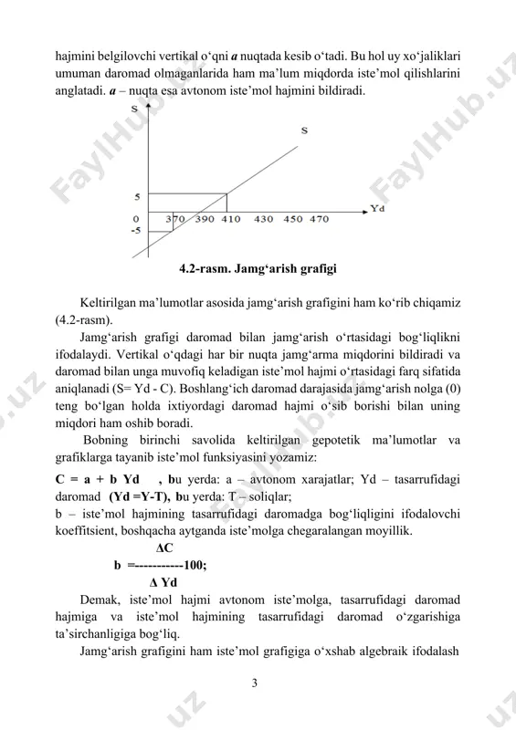 ol hajmi o‘rtasidagi farq sifatida aniqlanadi (s= yd - c). boshlang‘ich daromad darajasida jamg‘arish nolga (0) teng bo‘lgan holda ixtiyordagi daromad hajmi o‘sib borishi bilan uning miqdori ham oshib boradi. bobning birinchi savolida keltirilgan gepotetik ma’lumotlar va grafiklarga tayanib iste’mol funksiyasini yozamiz: c = a + b yd , bu yerda: a – avtonom xarajatlar; yd – tasarrufidagi daromad (yd =y-t), bu yerda: t – soliqlar; b – iste’mol hajmining tasarrufidagi daromadga bog‘liqligini ifodalovchi koeffitsient, boshqacha aytganda iste’molga chegaralangan moyillik. δc b = 100; δ yd demak, iste’mol hajmi avtonom iste’molga, tasarrufidagi daromad hajmiga va iste’mol hajmining tasarrufidagi daromad o‘zgarishiga ta’sirchanligiga bog‘liq. jamg‘arish grafigini ham iste’mol grafigiga o‘xshab algebraik ifodalash mumkin, ya’ni jamg‘arish funksiyasi quyidagi ko‘rinishga ega: s = -a + (1 -b) yd iste’mol va jamg‘arish hajmiga tasarrufidagi daromad dinamikasidan tashqari quyidagi omillar, to‘g‘rirog‘i bu omillardagi o‘zgarishlar ham ta’sir ko‘rsatadi: 1. uy xo‘jaliklari daromadlari. 2. uy xo‘jaliklarida to‘plangan mulk …