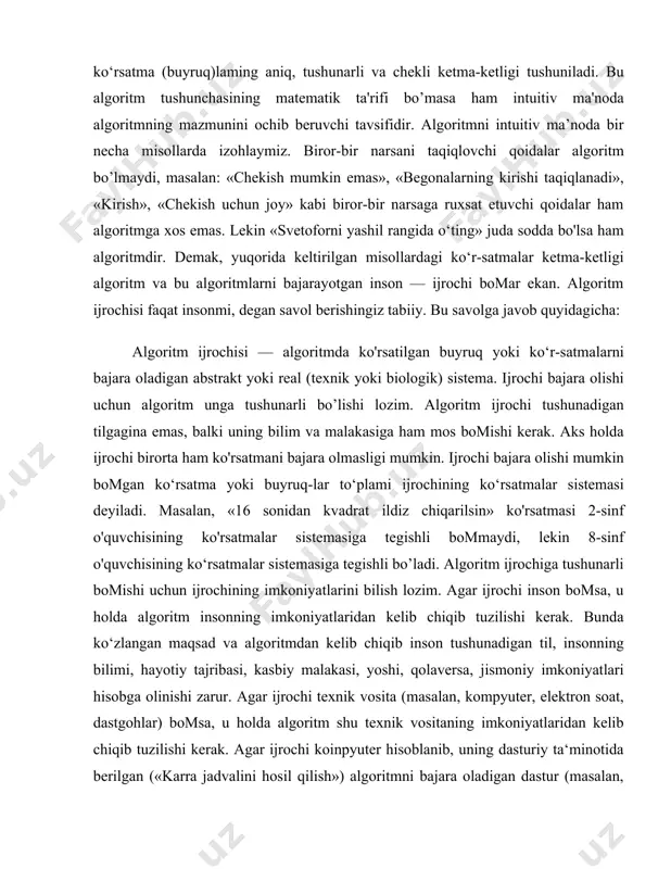 shunishga yordam berdi. ehm larning paydo bo’lishi algoritmlar nazariyasining rivojlanishiga olib keldi. algoritmlarni tuzish – bu ijodiy ish bo’lib, ixtiyoriy zaruriy algoritmni tuzish uchun umumiy usullar mavjud emas, kishining ijodiy qobiliyatiga bog’liq. albatta, algoritmni aniq sxema bo’yicha tuzish zarur bo’lib qoladigan sodda hollar ham mavjud. bunday hollarda yechilish algoritmiavval biron kim tomonidan olingan masalalarni misol keltirish mumkin. masalan, differensial tenglamalarni sonli integrallash uchun eyler metodi. bu metod masalani yechish uchun umumiy holda ifodalangan algoritmdir, lekin algoritmlash ijodiy ekanligini quyidagi algoritmlar nazariyasining ba’zi bir ma’lumotlaridan ko’rish mumkin. agar bizdan biror algoritmni ishlab chiqish talab qilinsa, dastlab izlanayotgan algoritmni tuzish mumkinmi yo’qmi degan savolga javob izlash kerak. chunki ba’zi hollarda algoritmni tuzish mumkin emasligini ko’rsatib berish mumkin. ba’zi bir hollarda algoritmni tuzish mumkinligi isbotlanadi. bunday isbot mavjud bo’lganligi bilan tuzilgan algoritmni amalgam oshirib bo’lmaydi yoki uning samaradorligi talabga javob bermaydi. shunga qaramasdan bir nechta algoritmlar bitta amaliyotga qo’llanilayotganini topish mumkin. boshqa hollarda …