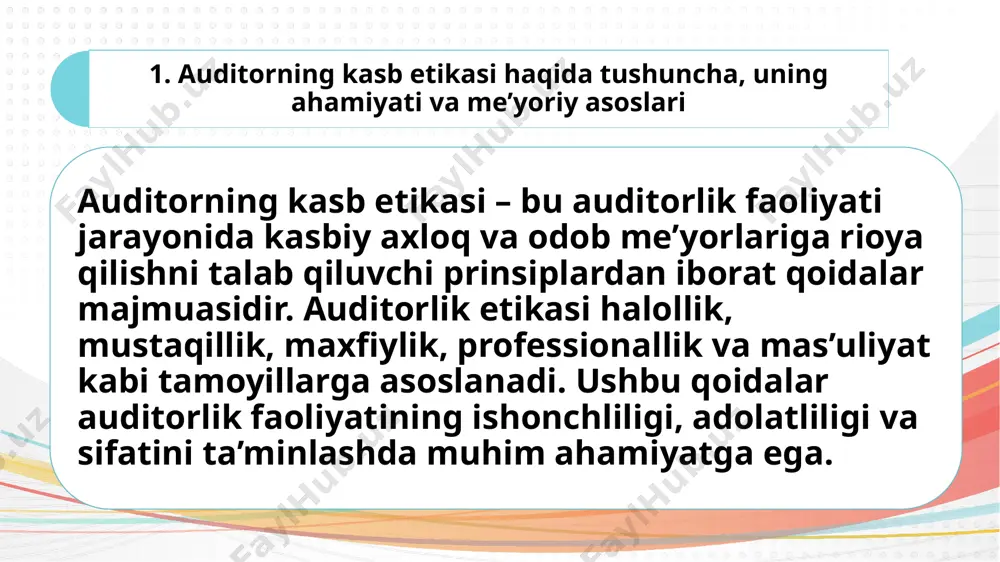 ularning faoliyati iqtisodiy tahlilning chuqurligi, texnologik yondashuvlarning joriy qilinishi va xalqaro standartlarga moslashuvchanlikka asoslanadi. axloq kodeksi talablariga rioya qilish buxgalter va auditorlarning obro‘sini saqlashga xizmat qiladi va iqtisodiy tizimdagi ishonchni kuchaytiradi. auditor va buxgalterning kasbiy axloqiy me’yorlarga amal qilishi moliyaviy hisobotlarning aniqligini ta’minlab, iqtisodiyotni rivojlantirishda muhim ahamiyat kasb etadi. shu sababli, malaka oshirish va kasb etikasi tamoyillarini amalda qo‘llash zamonaviy buxgalter va auditorlar faoliyatining ajralmas qismi bo‘lishi lozim. image3.png image4.png image5.png image1.png image2.png /docprops/thumbnail.jpeg
