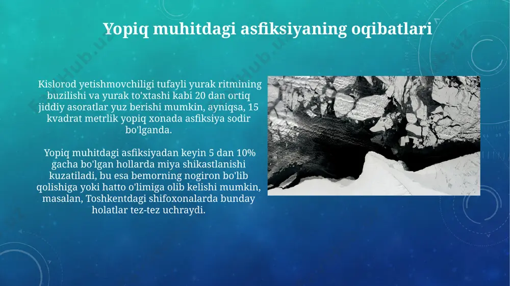 sharoitda, asfiksiya, miya hujayralarining 4-5 minut ichida zararlanishi va ongni yo'qotishi bilan xarakterlanadi, bu esa farg'ona viloyatidagi shunga o'xshash hodisalarga misol bo'ladi. yopiq muhitdagi asfiksiya, masalan, 20 kishilik bir xonada karbon monoksid zaharlanishi natijasida 10 kishining halok bo'lishiga olib kelishi mumkin, bu esa o'tkir gipoksiyani keltirib chiqaradi va o'limga olib keluvchi 3 bosqichli jarayonni namoyon qiladi. oldini olish choralari asfiksiyaning oldini olish choralari, jumladan, gaz detektorlarini o'rnatish va muntazam tekshiruvdan o'tkazish, havo almashinuvini ta'minlash va xavfsizlik ko'rsatmalariga rioya qilish, qoraqalpog'iston respublikasidagi sanoat korxonalarida juda muhimdir. o'limga olib keluvchi xona sharoitida kislorod etishmasligi 20-30 daqiqada ongni yo'qotishga, 3-5 daqiqada esa miya hujayralarining nobud bo'lishiga olib kelishi mumkin, bu esa o'zbekistonning shimoliy hududlaridagi yopiq binolarda tez-tez kuzatiladi. e'tiboringiz uchun rahmat @taqdimot_robot image3.png image4.jpg image5.jpg image6.jpg image7.jpg image8.jpg image9.jpg image10.jpg image11.jpg image12.jpg
