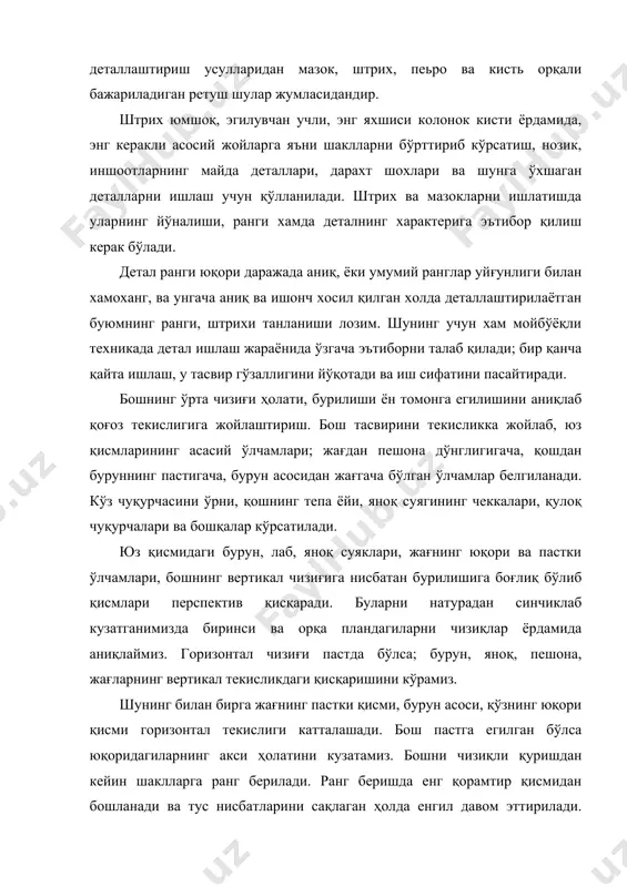 да нималар қилиш, ўртасида қайси масалалрни ҳал этиш ва охирлаб қолганда уни қандай якунлаш кераклигини билиш зарурдир. рангтасвирда қуйидаги асосий масалаларни ҳал этиш зарур: • умумий тус ва ранг ҳолатдари ва натура бўёқларининг бир-бирига яқинлигидаги тус ва ранг муносабатларини топа билиш; • катта ранг-тусли муносабатлар чегарасидаги ранг-тусларнинг “чўзилиши”, алоҳида буюмларнинг ҳажмли шаклларининг батафсил рангли қайта ишланиши; бутун тасвирнинг умумийлиги, яхлитлиги ҳамда композиция марказини кўрсата билиш. adabiyotlar: 1. o’zbekiston enstiklopediyasi ―j‖ harfi 2. boymetov b. ―qalamtasvir‖. darslik 1-qism. toshkent,2006 3. tolipov n., abdirasilov s., oripova n. rangtasvir. t., 2006. 4. abdirasilov s. tolipov n., oripova n. ―dastgohli rangtasvir‖ (2qism). t., 2003. 5. tojiev b. ―dastgohli rangtasvir‖ fanidan ma’ruzalar matni. t.,2000. 6. tolipov n. abdirasilov s. ―dastgohli rangtasvir‖-toshkent. 2005. 7. tojiev b. ―qalamtasvir asoslarini o’rganish‖. toshkent 1994.