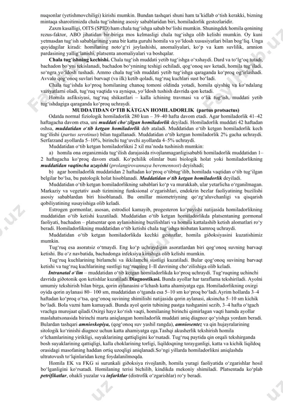 rmoq uchi sig‘adigan darajada ochiq va bachadon ancha taranglashgan bo‘ladi. boshlanayotgan abortda ham homiladorlikni saqlab qolish mumkin. agar homila tuxumi bachadondan ko‘chishi natijasida nobud bo‘lgan bo‘lsa, boshlangan abortni to‘xtatib bo‘lmaydi va bu abortning keyingi bosqichiga o‘tib ketadi. 3. jadallashgan abort (abortus progrediens). bunda homila tuxumi butunlay ko‘chadi va bachadon bo‘ynining kengaygan kanali orqali ganligi, unda homila tuxumi borligi, tuxumning pastki qismi qinga kirganligi qin orqali tekshirganda aniqlanadi. jadallashgan abortda, ayniqsa, ilk abortda qon ko‘p ketadi chala abortda homila tuxumining qoldiqlarini asbobda olib tashlash tavsiya etiladi. bachadon bo‘shlig‘ida homila tuxumining qoldiqlari hayot uchun xavfli darajada qon ketishiga va infeksiya kirishi bilan aloqador kasalliklarga sabab bo‘lishi mumkin. shu sababli chala abortda ayolni shoshilinch ravishda vrachga jo‘natiladi. ayolning ahvoli og‘ir bo‘lsa, o‘sha joyning o‘zida yordam berish uchun vrach chaqiriladi. to‘liq abort (abortus completus) homila tuxumi bachadon bo‘shlig‘idan batamom chiqqanda (homila tuxumi ba’zan yaxlit chiqadi) to‘liq abort yoki tugallangan abort deyiladi (115-rasm). to‘liq abortda …