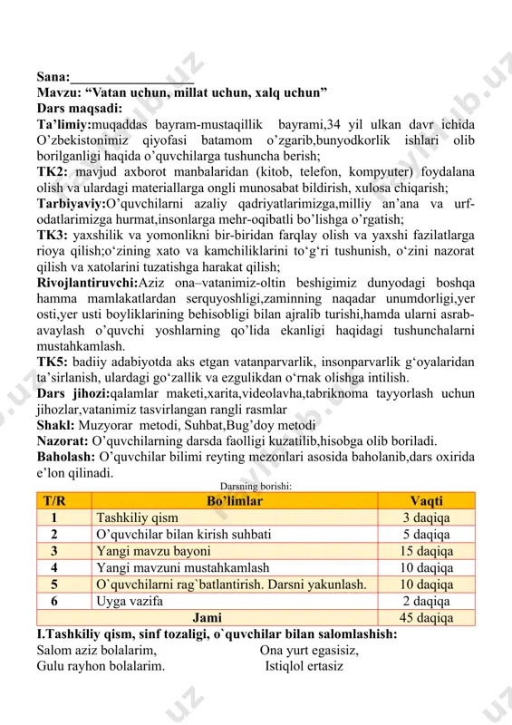 mustahkamlash 10 daqiqa 5 o`quvchilarni rag`batlantirish. darsni yakunlash. 10 daqiqa 6 uyga vazifa 2 daqiqa jami 45 daqiqa i.tashkiliy qism, sinf tozaligi, o`quvchilar bilan salomlashish: salom aziz bolalarim, ona yurt egasisiz, gulu rayhon bolalarim. istiqlol ertasiz qani tinglang so’zlarim bo’ling aqlu rasolar, jajji o’g’il-qizlarim. ham bilimdon donolar. o‘zbekiston mustaqilligining 34- yilligi “vatan uchun, millat uchun, xalq uchun” shiori ostida o‘tkaziladi o‘quvchilar uch guruhga bo‘linib, partalarga alohida-alohida joylashadilar. dars o‘zbekiston respublikasi madhiyasini jonli ijro etish bilan boshlanadi. (o‘qituvchi) “muzyorar” metodidan foydalanib, tanishuv mashg‘ulotini o‘tkazadi. (5 daqiqa) o‘qituvchi: - aziz o‘quvchilar, darsimizni tanishuv mashg‘uloti bilan boshlaymiz. har kim oldin o‘z ismini, so‘ng o‘z ismi boshlangan tovush bilan insonga oid yaxshi fazilatlarni aytishi kerak. masalan: alisher-aqlli. bahoroy –baxtli, dilbar-dono…… -1-sentyabr qanday kun? bu kun haqida qanday ma’lumotga egasiz? - «mustaqillik» so‘zining ma’nosi nima? -mustaqillikka qachon erishdik? bu kunni hozir qanday nishonlaymiz? -mustaqillik sharofati bilan yurtimizda qanday o‘zgarishlar ro‘y berdi? (bu savolga javob berishda …