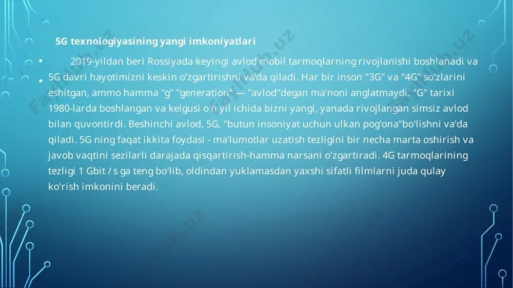 lashtirishga asoslangan mobil aloqa tizimidagi ma’lumotlarni himoya qilish vazifalarining sifatli yechimini ta’minlovchi kompleks tizimni yaratish. xulosa mening xulosam shundan iboratki hozirgi davrda zamonaviy internet texnologiyalardan foydalanish va ularni ishlata olish ko’nikmasini o’zlashtirish davr talabiga aylanib bormoqda. hozirgi kunda ishlab chiqarish korxonalari va muvassasalarining faoliyati ko’p jihatdan ularning qay darajada zaruriy malumot va axborotlar bilan to’la taminlanganligiga hamda ushbu malumotlardan qay darajada samarali foydalana olayotganligiga bog’liq bo’lib qolmoqda. zamonaviy infromasion texnologiyalarning yetarlicha mukammal ishlanganligi tufayli malumotlarni almashish va malumot bazasini yaratish imkoniyatini yengillashtirdi. kompyuterlashtirish davr talabiga aylandi. ishlab chiqarish, o’quv jarayonlari, xatto koinotni o’rganish ishlarini ham bugungi kunda kompyuterlarsiz tasavvur qilib bo’lmaydi. yangidan yangi texnologiyalar yaratilmoqda. foydalanilgan adabiyotlar 1. internet ma’lumotlari.http:wikipedia.uz 2. narzulla shukurov “internet va uning imkonoyatlari” ,2018-yil 3. jamshidbek qodirov “axborot texnologiyalari”, 2021-yil 4. qurbonov z.m. “kompyuter tarmoqlari “, 2024-yil image2.png /docprops/thumbnail.jpeg