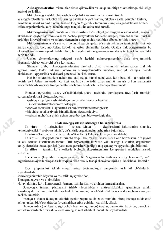 o`zaro perpendikulyar ikki tekislikka bo`linadi va to`rttadan joylashadi.) g. streptokokklar-( streptus-grekcha so`z bo`lib, zanjir ma`nosini bildiradi) zanjirsimon joylashgan kokklardir. d. sartsinalar – (sartsio-lotincha so`z bo`lib, bog’layman ma`nosini bildiradi) o`zaro perpendikulyar, uch tekislikka bo`lingan kokklar, ular 8-16dan to`p-to`p bo`lib joylashadi. s. stafilokoklar-(stafilokokkuz-lotincha so`z bo`lib, shingil ma`nosini bildiradi). tartibsiz bo`linib, uzum shingili shaklida joylashadi. tayoqchasimon – o`z navbatida uchga bo`linadi: bakteriyalar, spirilla va spiroxetalar. bakteriyalarga spora hosil qilmaydigan, batsilalarga spora hosil qiladigan tayoqchasimon mikroblar, klostridiyalarga ham spora hosil qiladigan ipsimon, tayoqchasimonlar kiradi. tayokchasimon bakteriya va batsilalar kokklar singari uzunasiga juft-juft bo`lib joylashganda, diplobakteriyalar yoki diplobatsilalar deyiladi, zanjir bo`lib joylashsa, streptobakteriyalar yoki streptobatsilalar deb ataladi. tayoqchasimon bakteriyalarning ayrimlari tashqi ko`rinishi bilan bir-biridan ancha farq qiladi. qat`iyan silindir shaklidagi bog’chasimon, uchlari tumtoq va shunga o`xshash tayoqchalar ma`lum. klostridiyalar ( kloster-grekcha so`z bo`lib, yig’ ma`nosini bildiradi) bu gruppaga spora hosil qiladigan va spora hosil bo`lishda ularning o`rtasi kengayib yoy shaklini oladigan mikroorganizmlar kiradi. spiralsimon bakteriyalar-bularga …