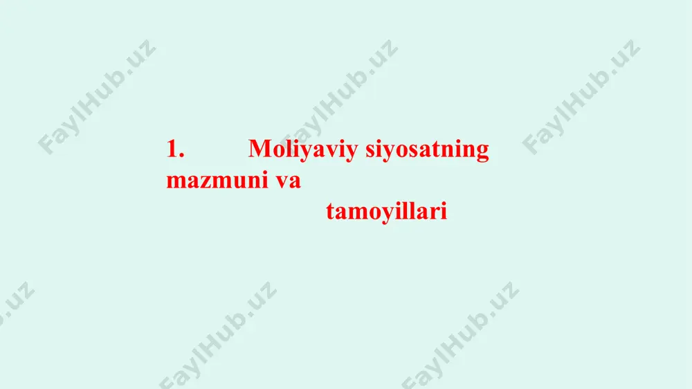 manfaatlarini ko’zda tutadigan hokimiyat organlarining u yoki bu maqsadlarga erishishining instrumenti emas, balki jamiyatning ijtimoiy-iqtisodiy vazifalarini yechish vositasi bo’lishi kerak davlatning moliyaviy siyosati faqat davlat hokimiyat organlarining emas, balki moliya tizimi barcha subyektlarining manfaatlarini hisobga olishi lozim davlat moliyaviy siyosati va davlat hokimiyat organlarining moliyaviy siyosatini farqlash zarur davlat moliyaviy siyosatini mamlakat moliya tizimining barcha bo’g’inlarida moliyaviy resurslarning o’sishini balanslashtirilgan holda ta’minlash bo’yicha davlat ijyimoy-iqtisodiy siyosatining bir qismi sifatida qarash kerak. xorijiy tajribalarning ko’rsatishicha, moliyaviy resurslarning balanslashtirilgan holda o’sishining zarurligini inkor etish mamlakat moliya tizimining o’zini degradatsiyalashuviga, iqtisodiyotning yemirilishi va vayron bo’lishiga olib keladi. 2. moliyaviy siyosatning tarkibiy qismlari (yo’nalishlari) moliyaviy siyosatning tarkibiy qismlari (yo’nalishlari) byudjet siyosati baho siyosati soliq siyosati pul siyosati kredit siyosati investitsiya siyosati ijtimoiy-moliyaviy siyosat boj siyosati byudjet siyosati – byudjet munosabatlarini tashkil etish tamoyillarining bajarilishini ta‘minlash, davlat va jamiyat oldida turgan maqsad va vazifalarni davlat byudjeti orqali amalga oshirish usullari, chora-tadbirlari va maqsadli faoliyatlari yig’indisidir. …